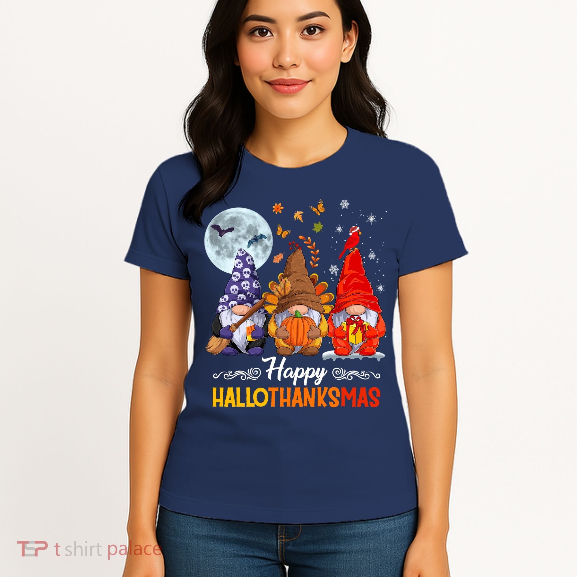 Halloween Thanksgiving Christmas Happy HalloThanksMas Gnomes Women's T-Shirt