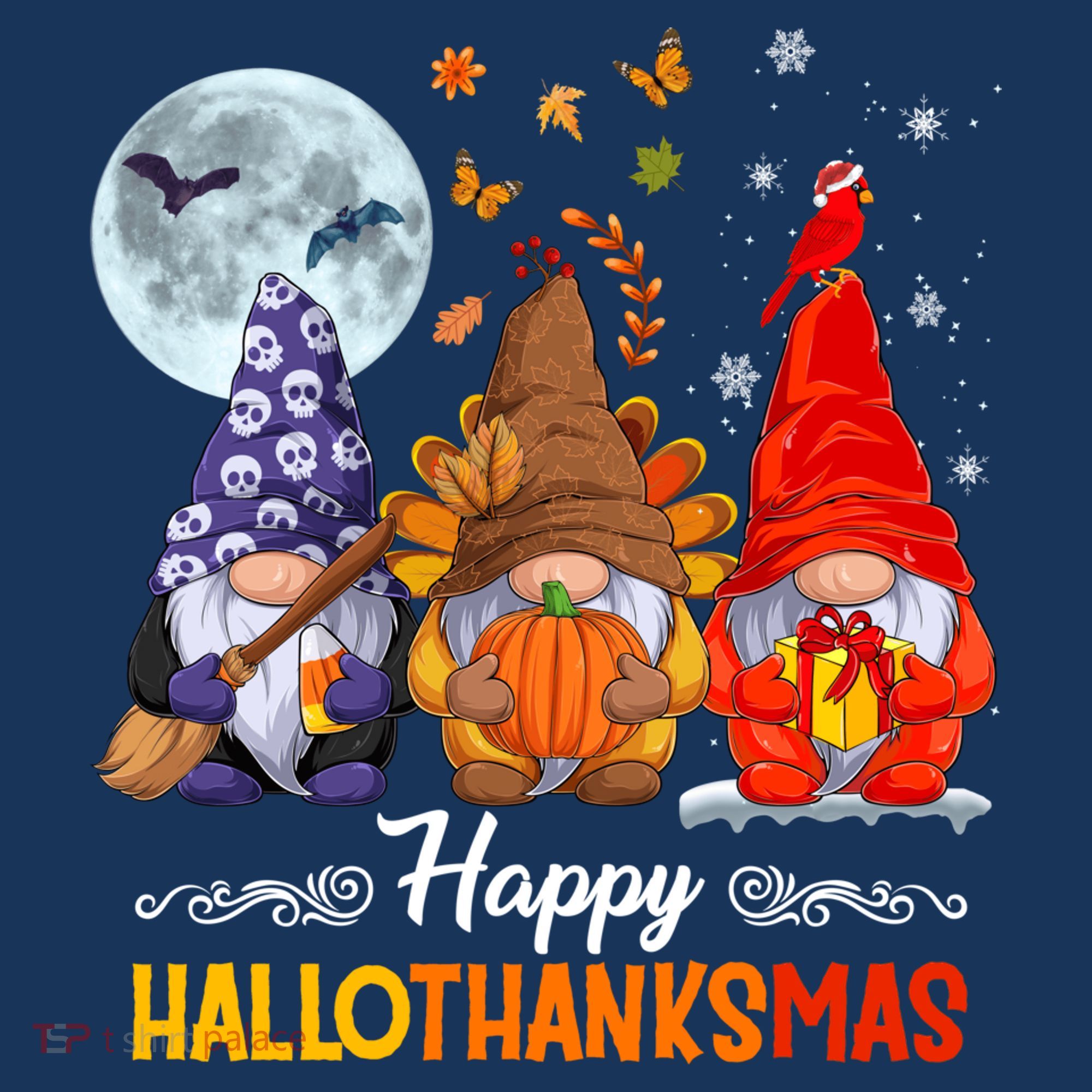Halloween Thanksgiving Christmas Happy HalloThanksMas Gnomes Women's T-Shirt