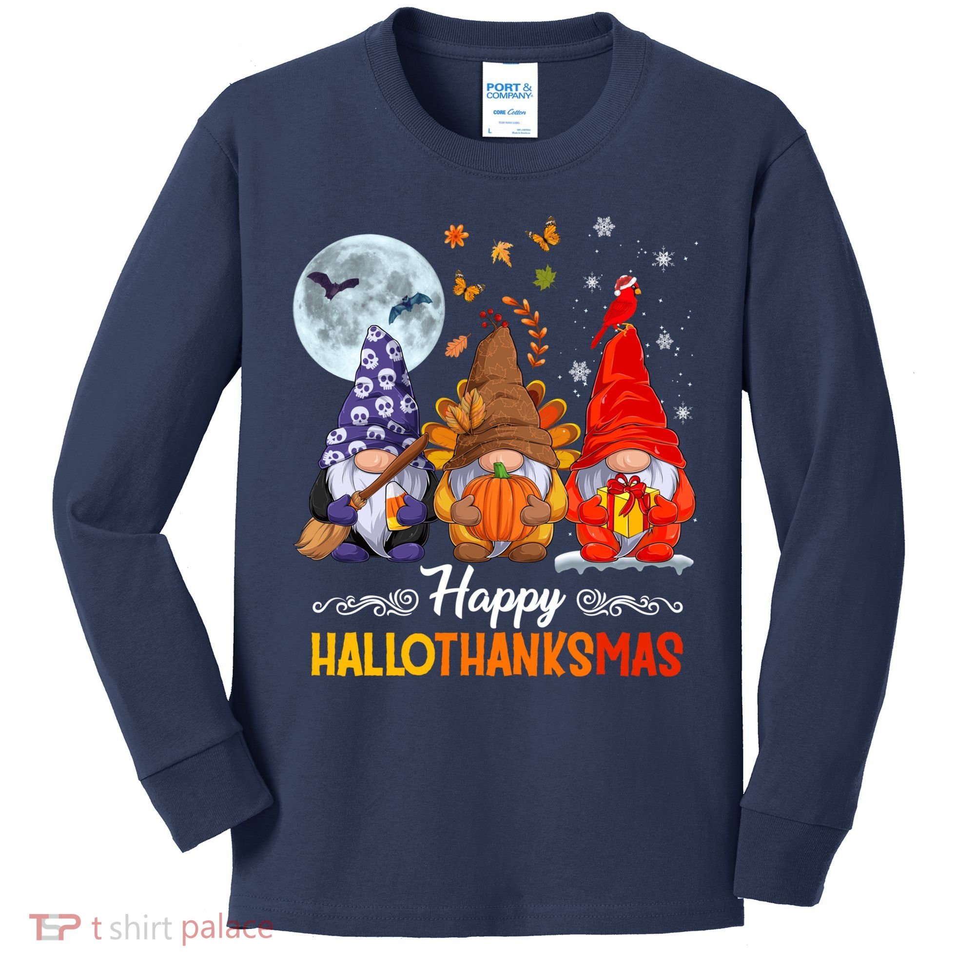 Halloween Thanksgiving Christmas Happy HalloThanksMas Gnomes Kids Long Sleeve Shirt