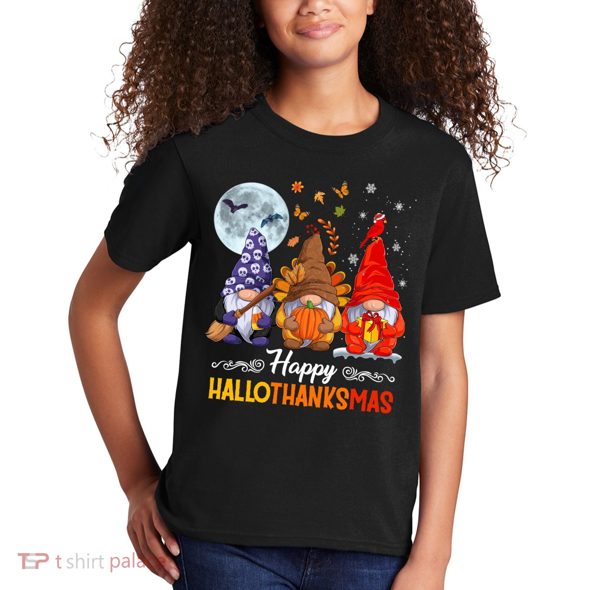 Halloween Thanksgiving Christmas Happy HalloThanksMas Gnomes Kids T-Shirt