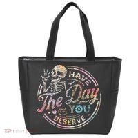 Have The Day You Deserve Retro Motivational Skeleton Tote Bag thumb 0
