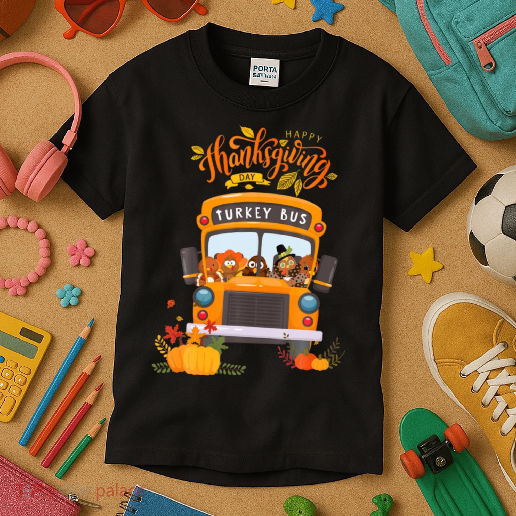 Happy Thanksgiving Day Turkey School Bus Driver Gifts Kids T-Shirt
