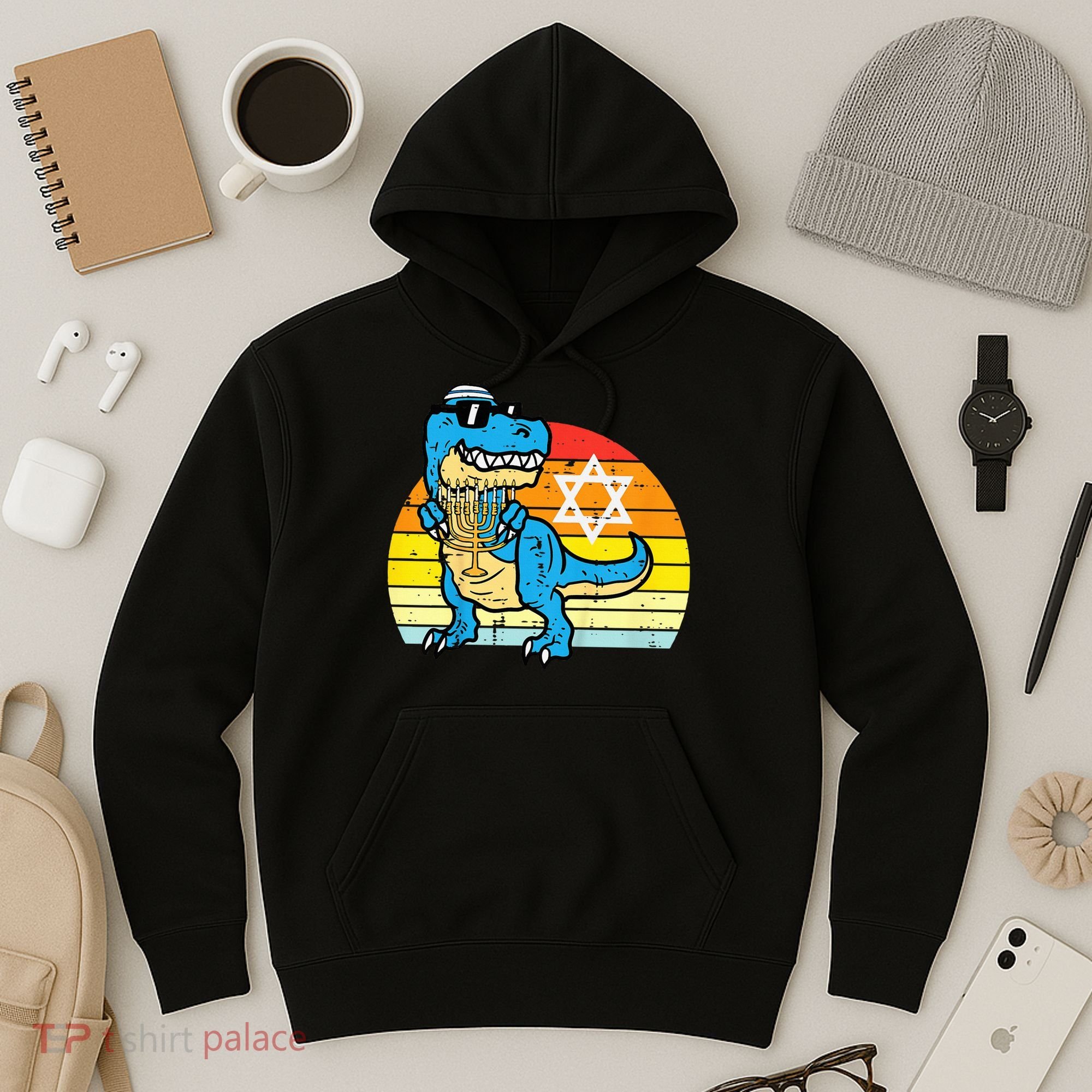  Hanukkah Trex Dino Retro Chanukah Jewish  Hoodie