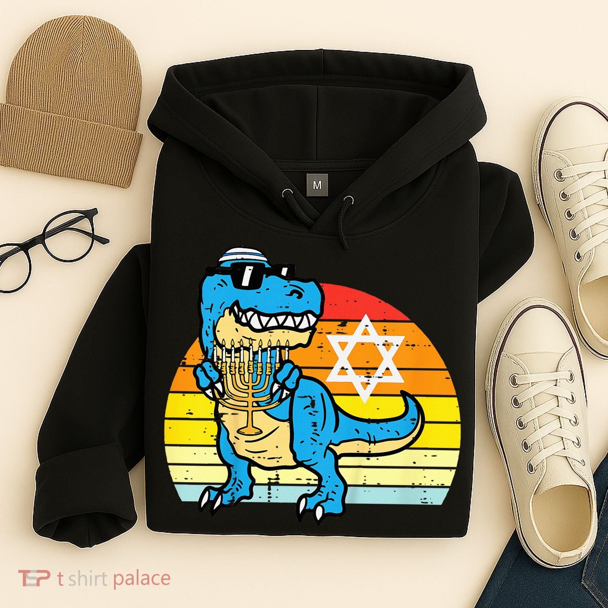  Hanukkah Trex Dino Retro Chanukah Jewish  Hoodie