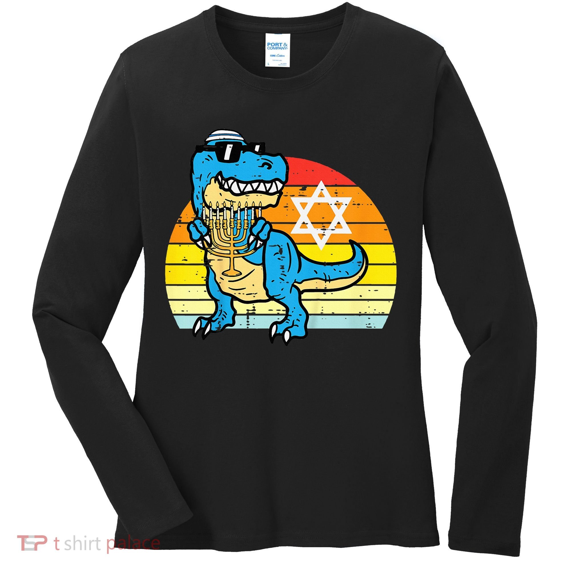  Hanukkah Trex Dino Retro Chanukah Jewish  Women's Long Sleeve Shirt