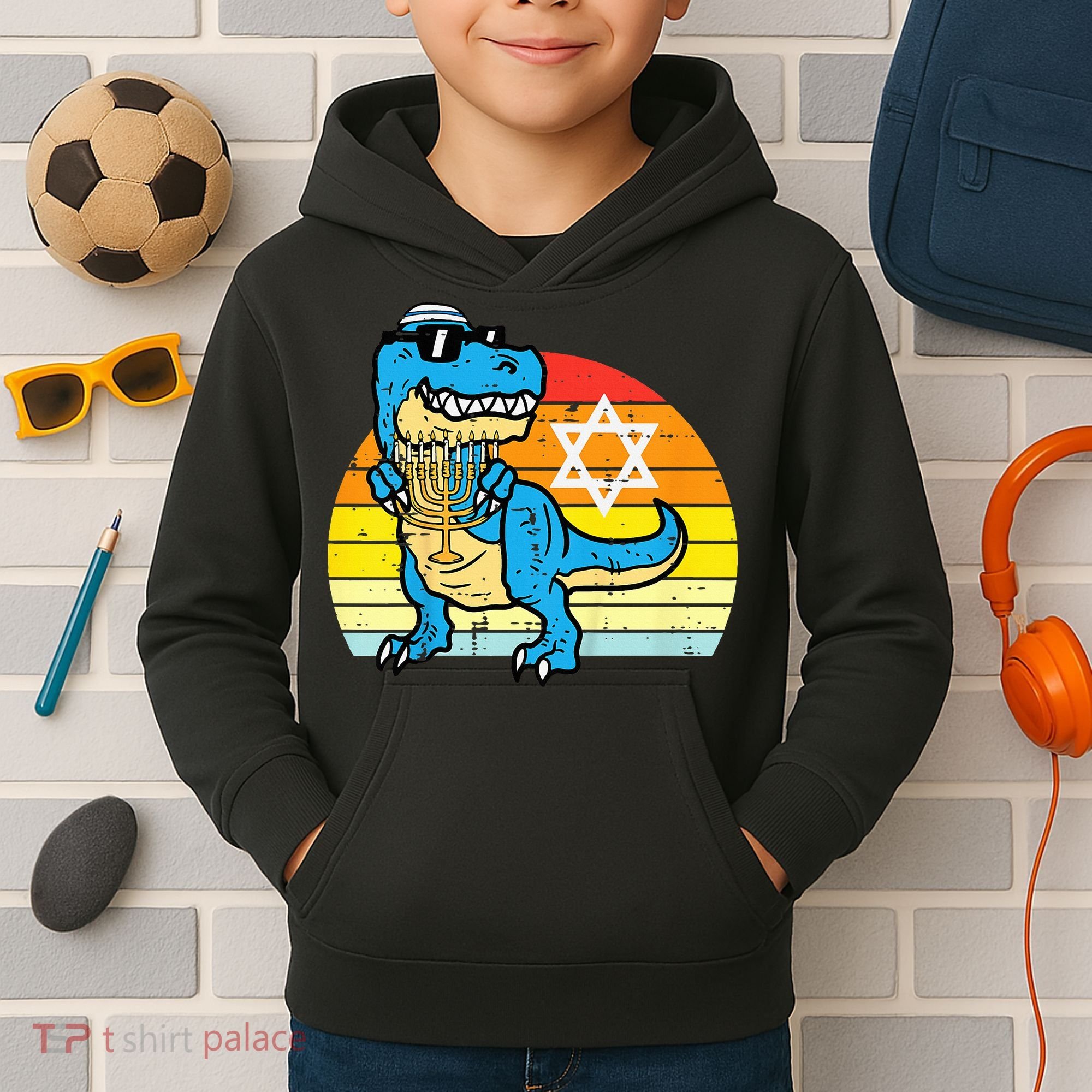  Hanukkah Trex Dino Retro Chanukah Jewish  Kids Hoodie