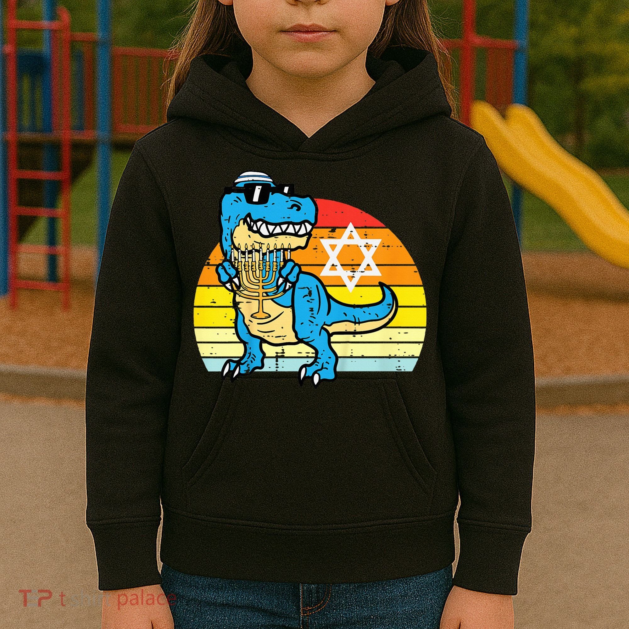  Hanukkah Trex Dino Retro Chanukah Jewish  Kids Hoodie