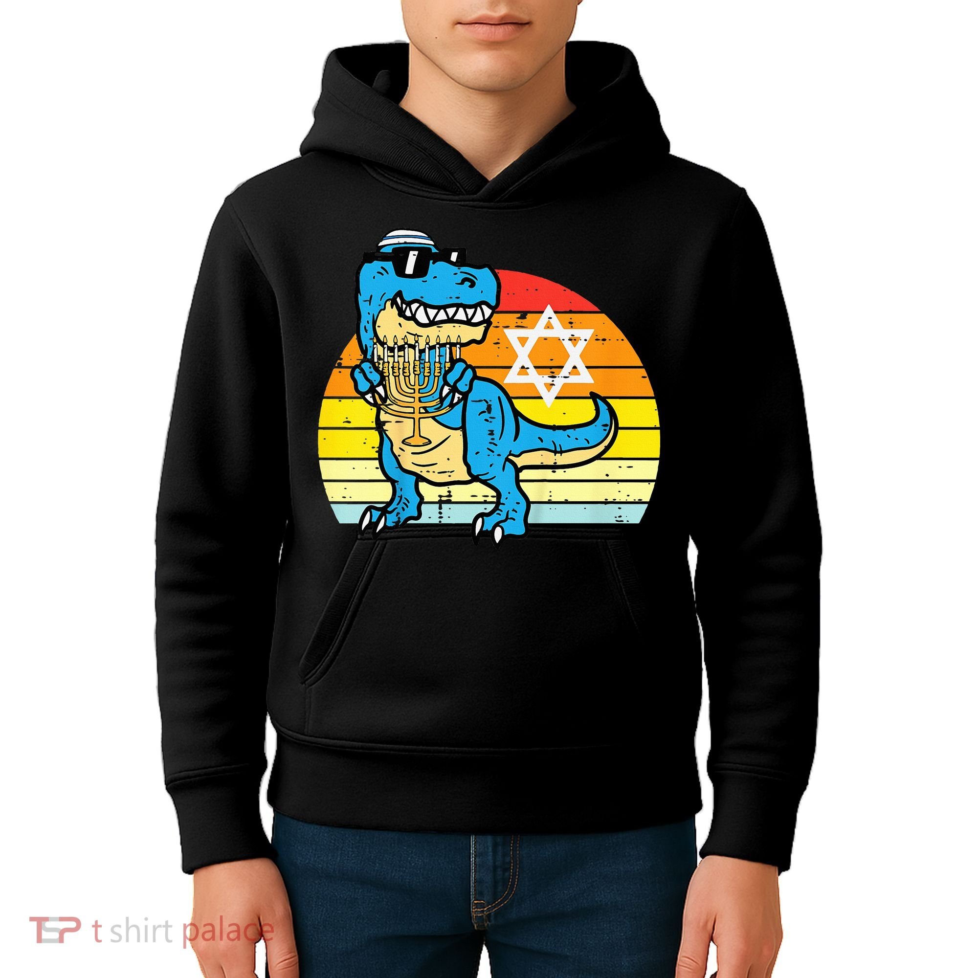  Hanukkah Trex Dino Retro Chanukah Jewish  Kids Hoodie