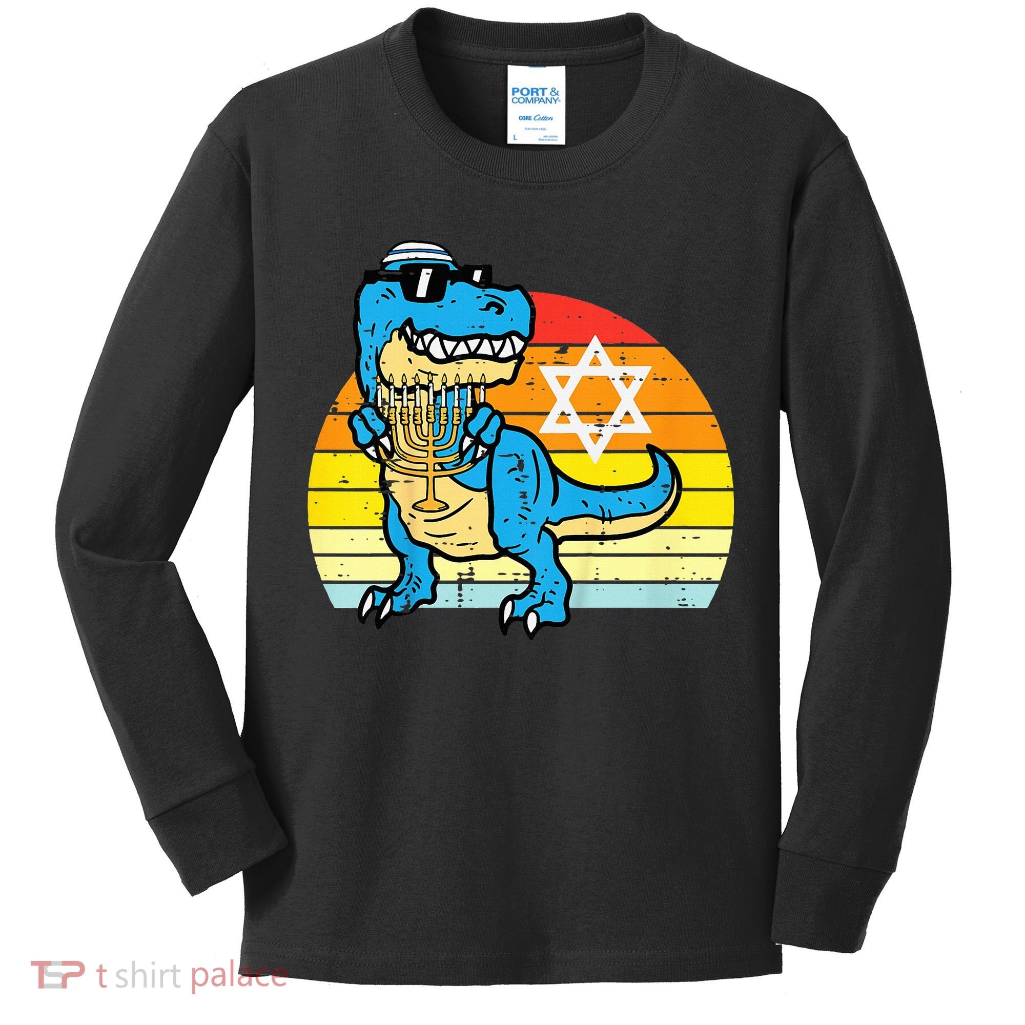  Hanukkah Trex Dino Retro Chanukah Jewish  Kids Long Sleeve Shirt