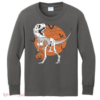 Halloween TRex Dinosaur Skeleton Kids Long Sleeve Shirt
