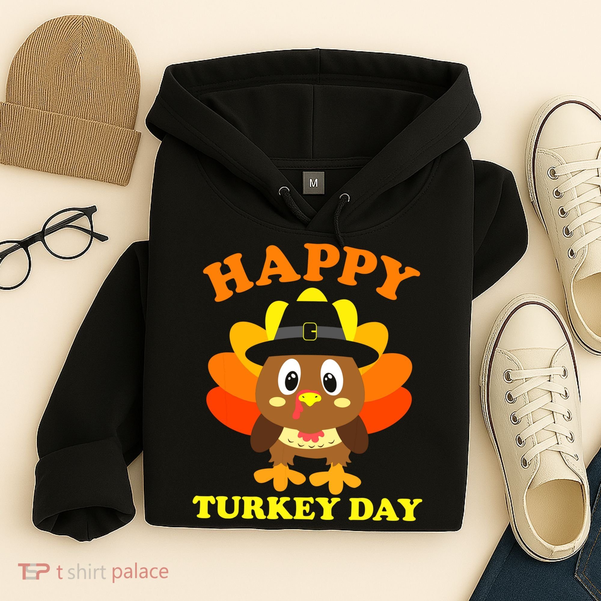 Happy Turkey Day, Cute Little Pilgrim Gift Thanksgiving Hoodie