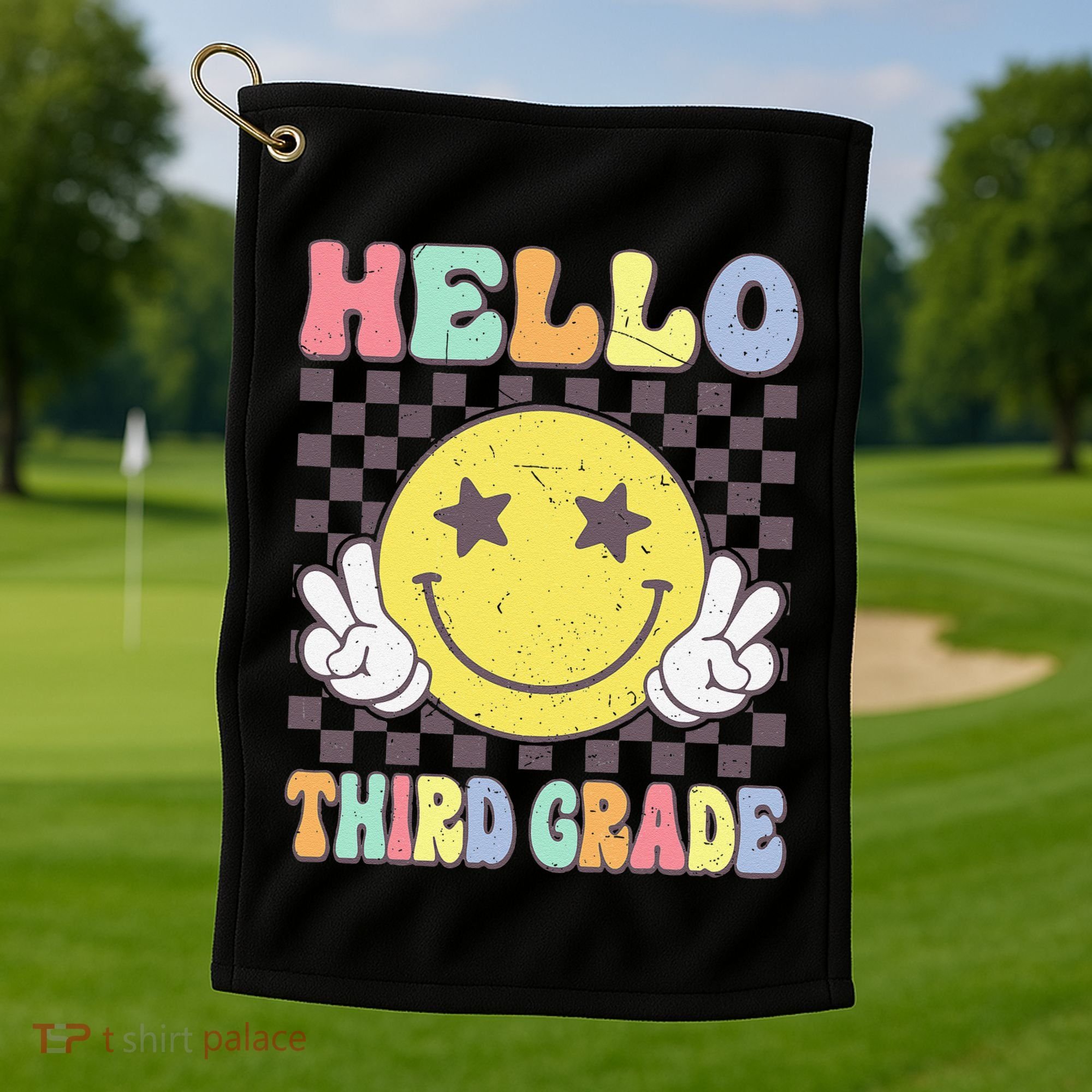 Hello Third Grade Hippie Smile Face 3rd Grade Back To School Gift Golf Towel