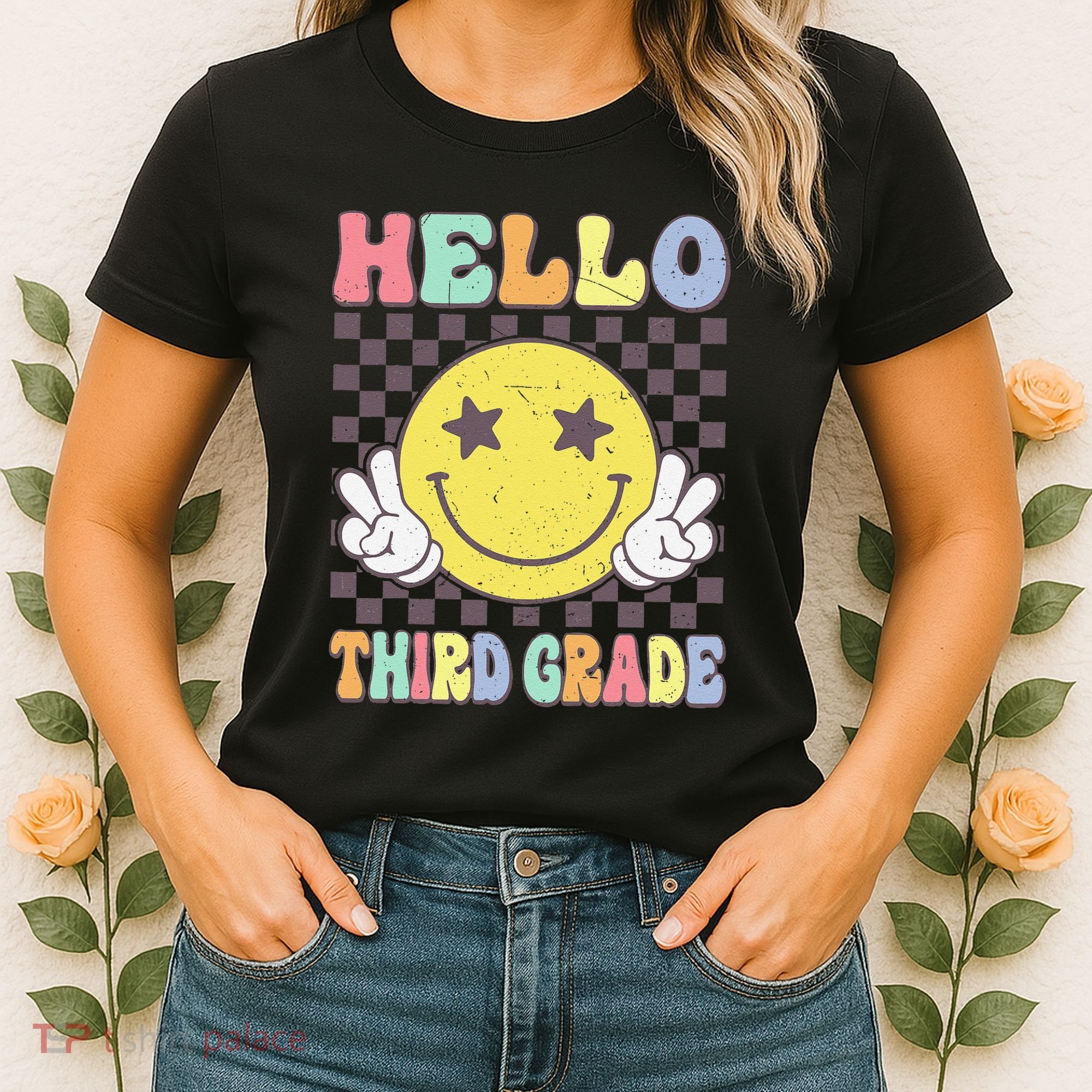 Hello Third Grade Hippie Smile Face 3rd Grade Back To School Gift Women's T-Shirt