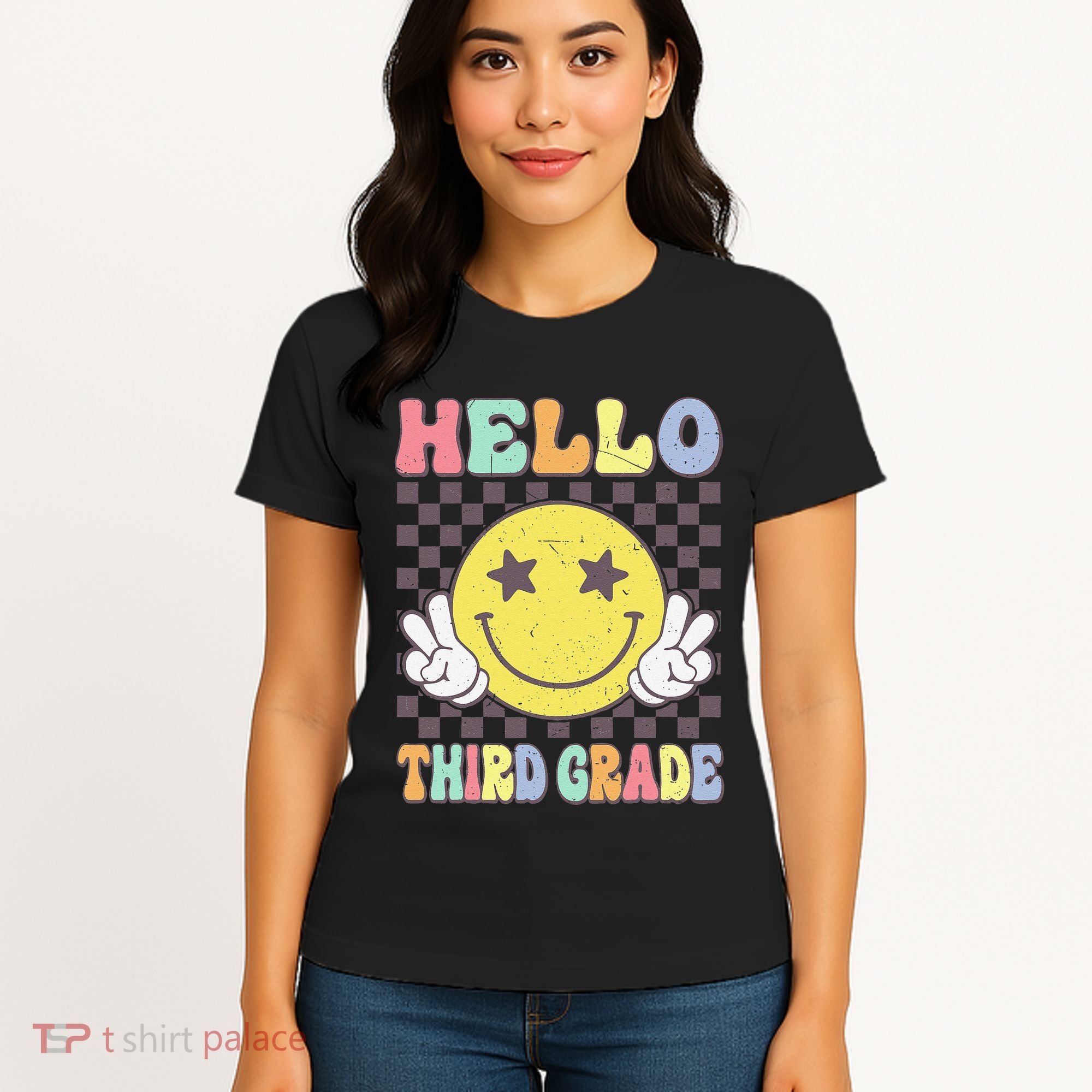 Hello Third Grade Hippie Smile Face 3rd Grade Back To School Gift Women's T-Shirt