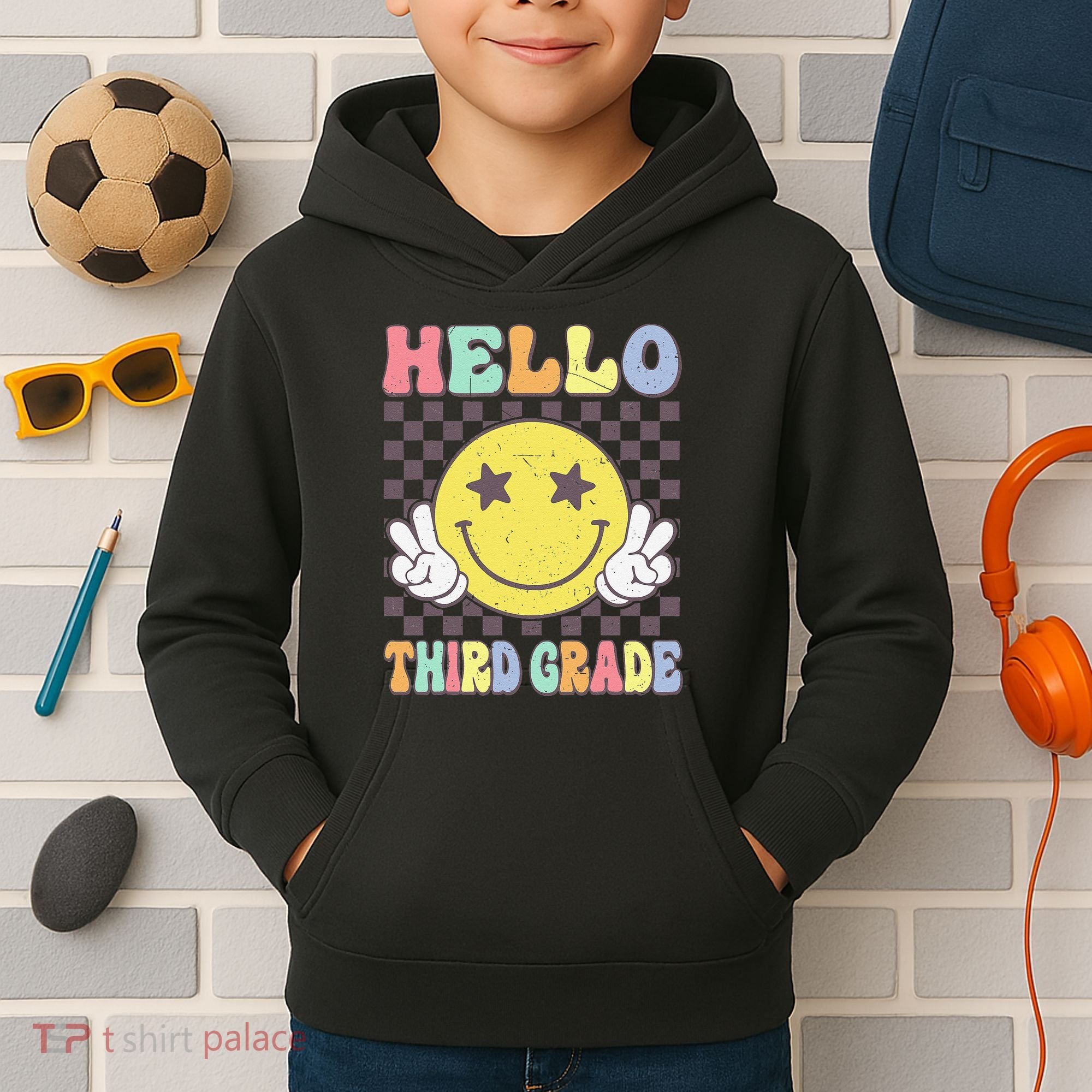 Hello Third Grade Hippie Smile Face 3rd Grade Back To School Gift Kids Hoodie