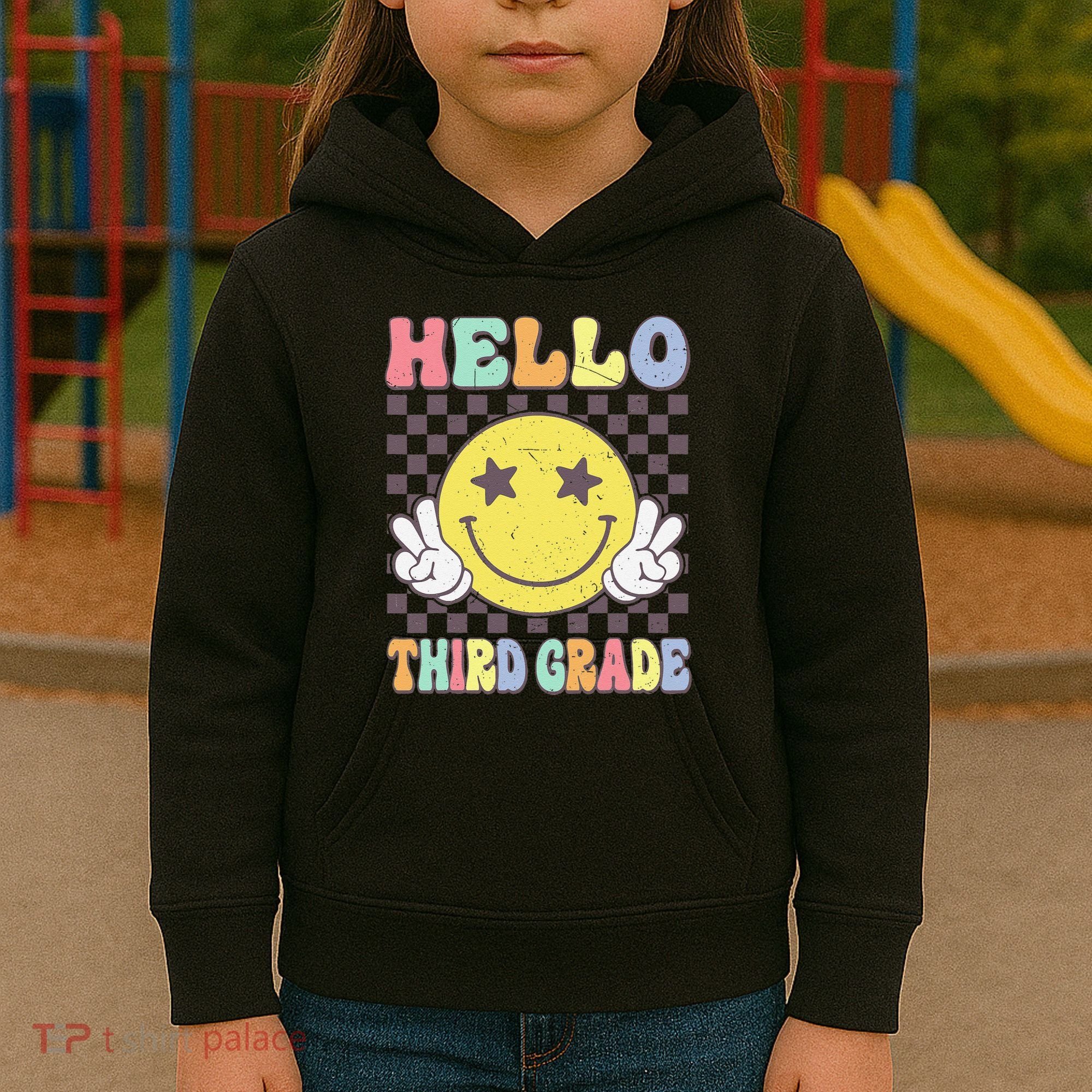 Hello Third Grade Hippie Smile Face 3rd Grade Back To School Gift Kids Hoodie