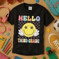 Hello Third Grade Hippie Smile Face 3rd Grade Back To School Gift Kids T-Shirt thumb 3