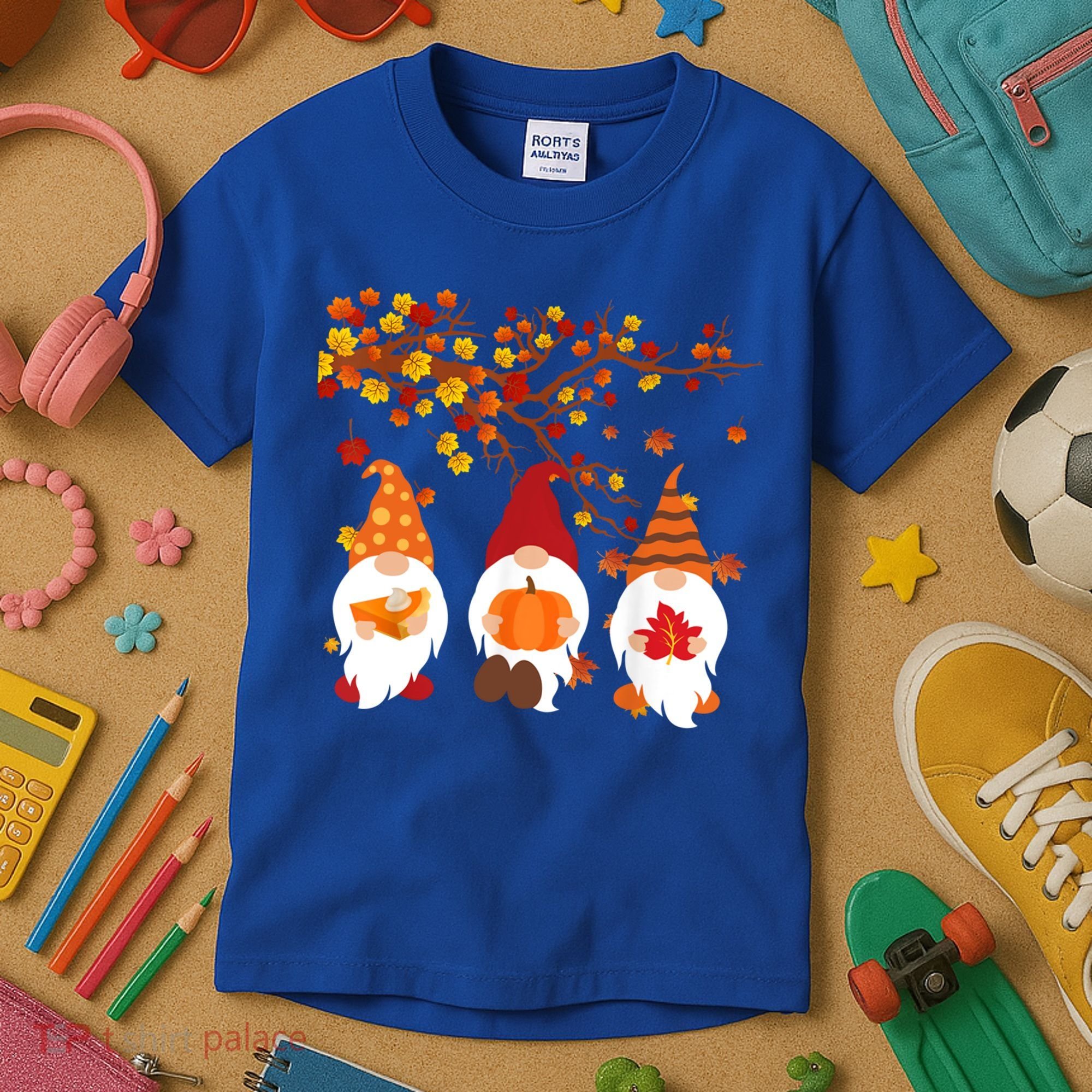 Halloween Three Gnomes Hat Leopard Pumpkin Fall Leaves Cool Gift Kids T-Shirt