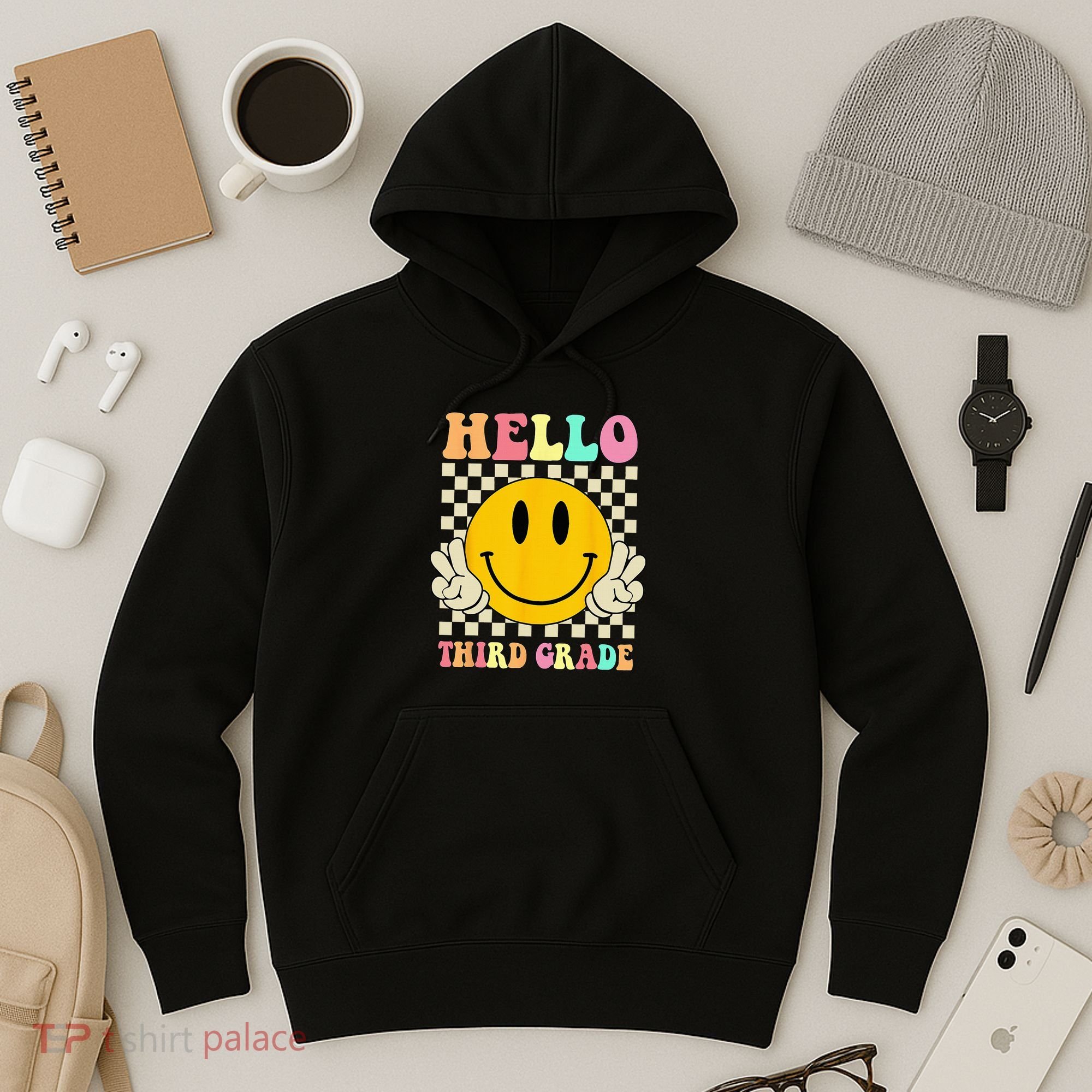 Hello Third Grade Hippie Smile Face 3rd Grade Back To School Hoodie