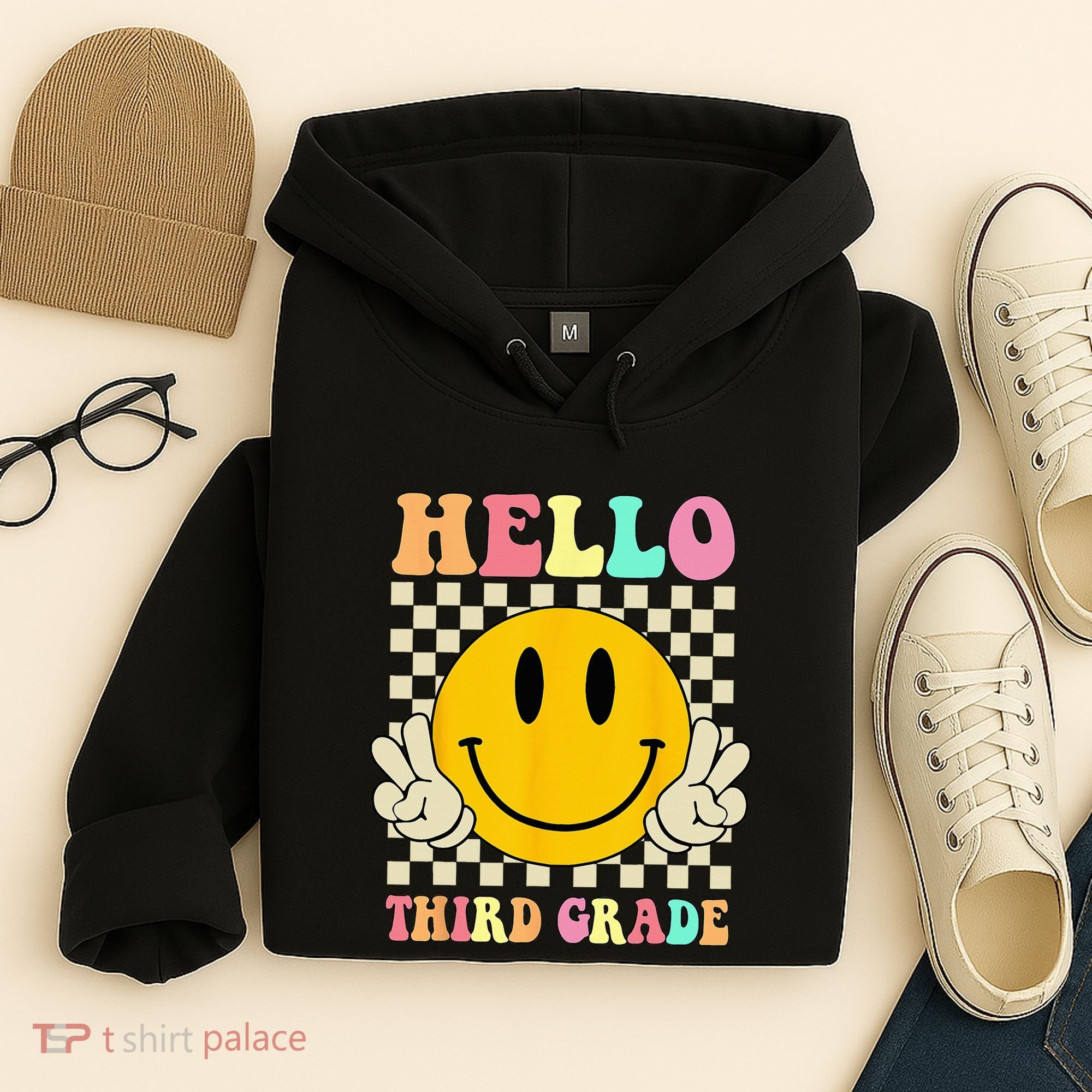 Hello Third Grade Hippie Smile Face 3rd Grade Back To School Hoodie