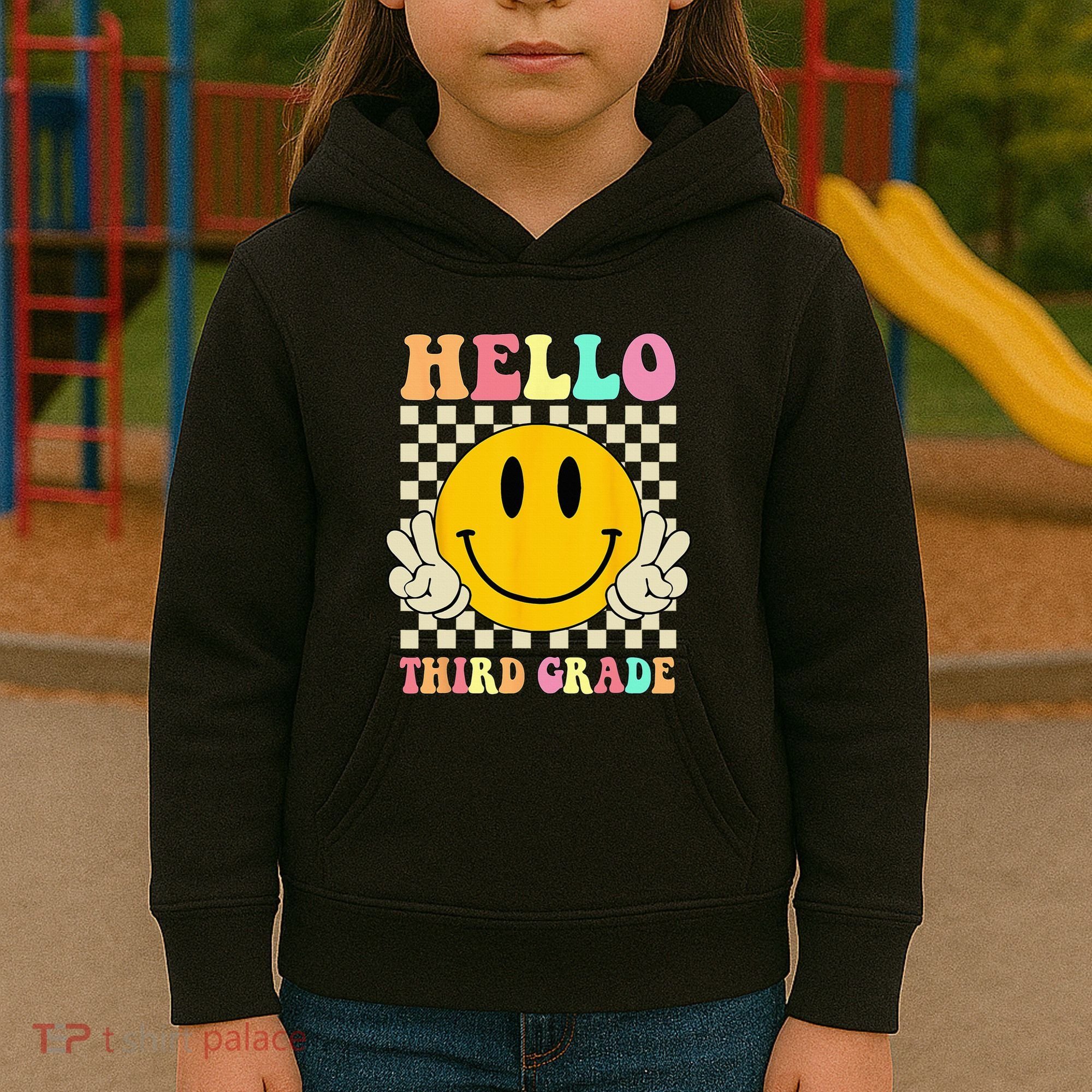 Hello Third Grade Hippie Smile Face 3rd Grade Back To School Kids Hoodie