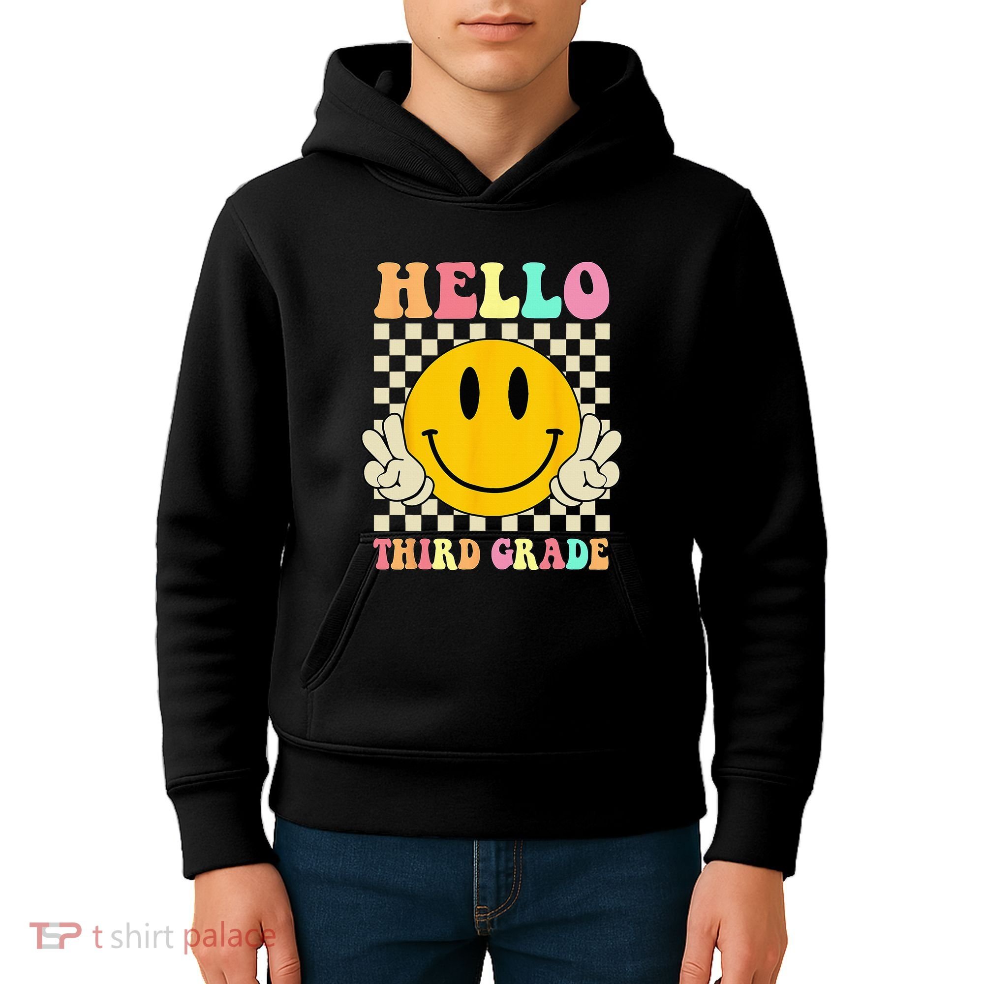 Hello Third Grade Hippie Smile Face 3rd Grade Back To School Kids Hoodie