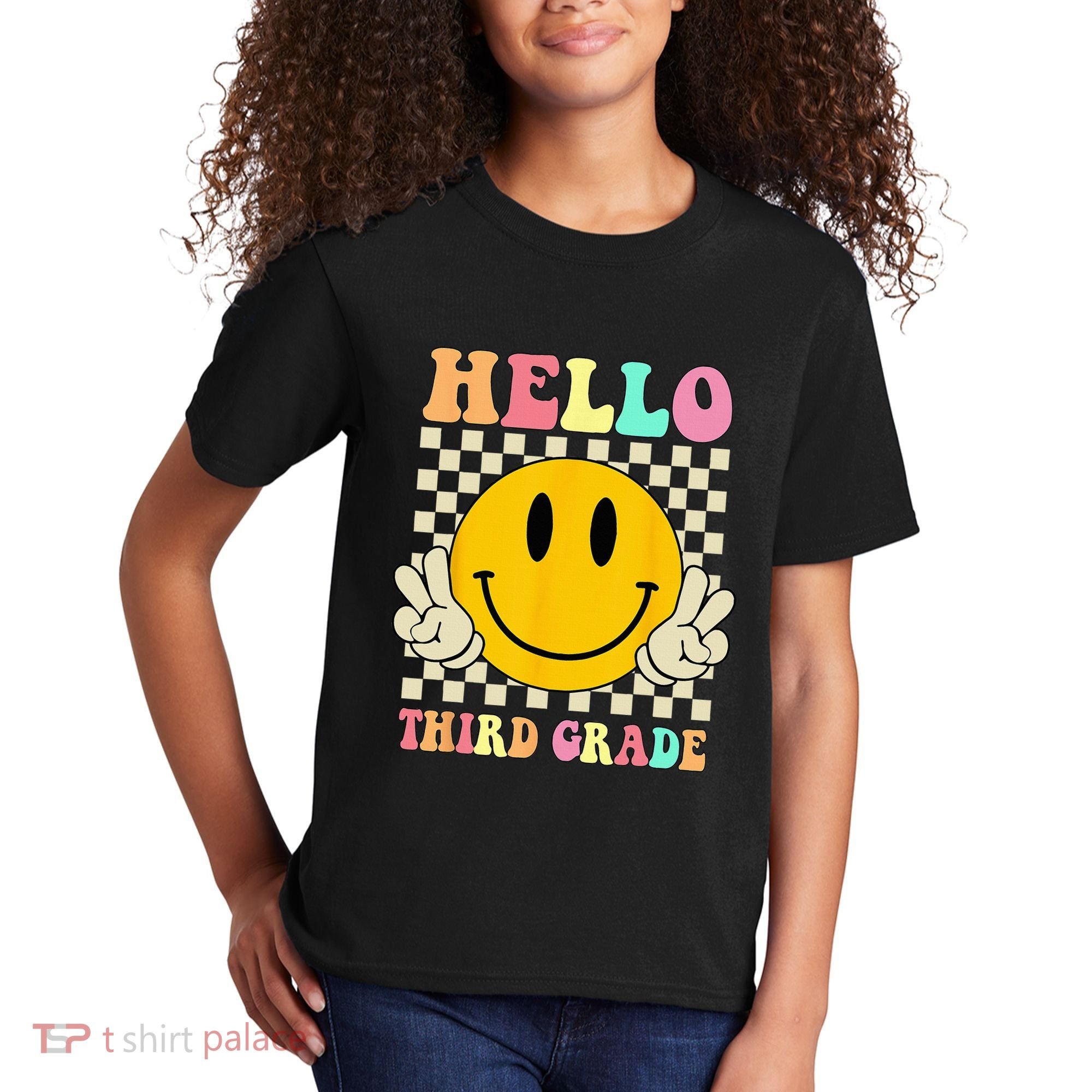 Hello Third Grade Hippie Smile Face 3rd Grade Back To School Kids T-Shirt