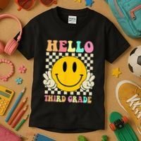 Hello Third Grade Hippie Smile Face 3rd Grade Back To School Kids T-Shirt thumb 3
