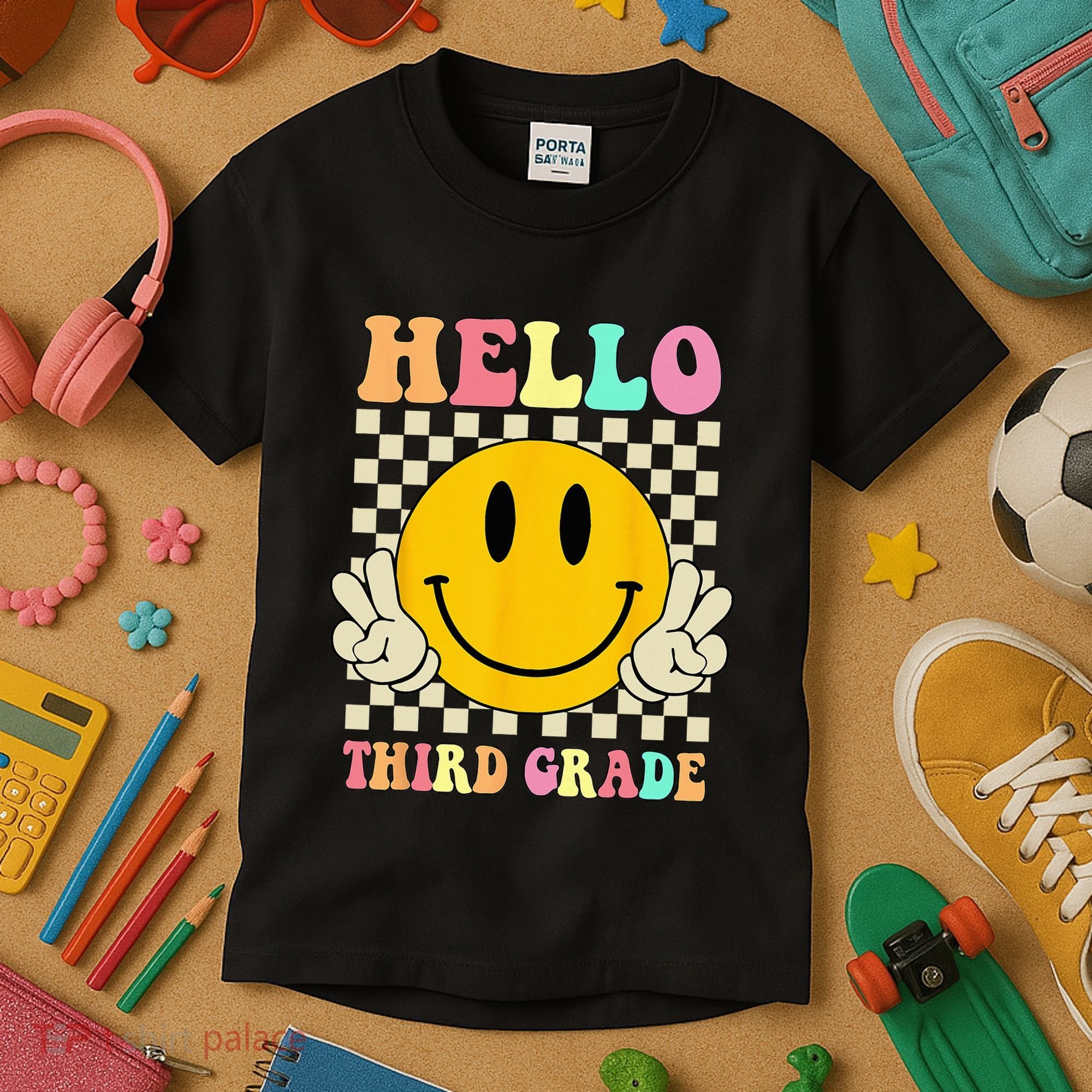Hello Third Grade Hippie Smile Face 3rd Grade Back To School Kids T-Shirt