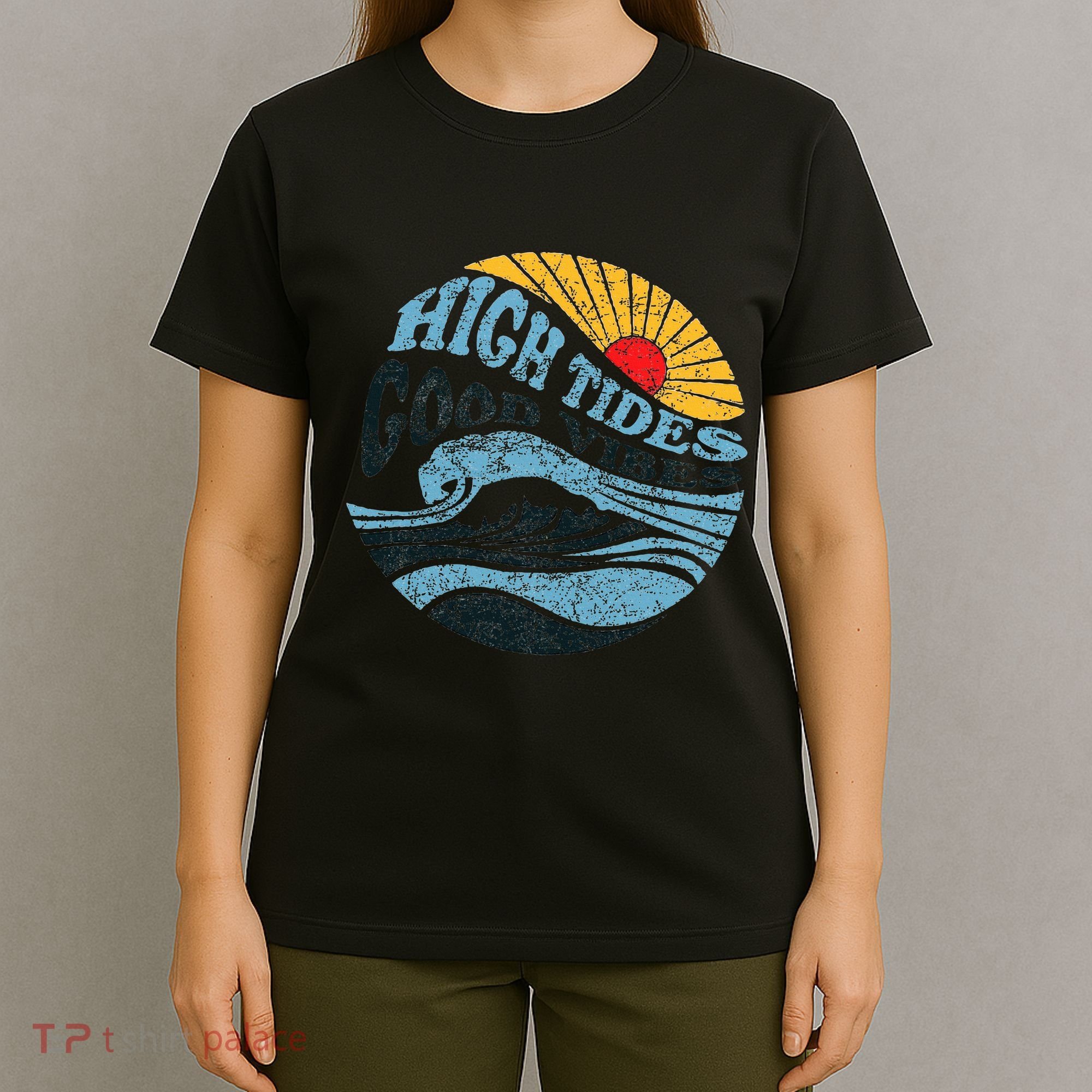 High Tides Good Vibes Vintage Wave And Palm Tree T-Shirt