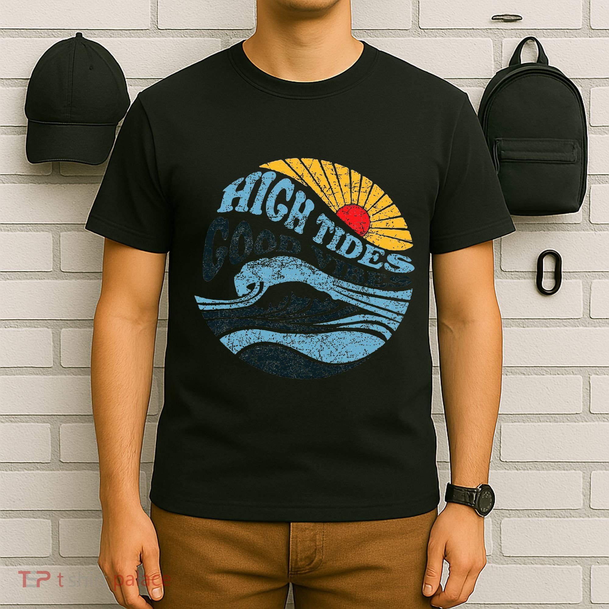 High Tides Good Vibes Vintage Wave And Palm Tree T-Shirt
