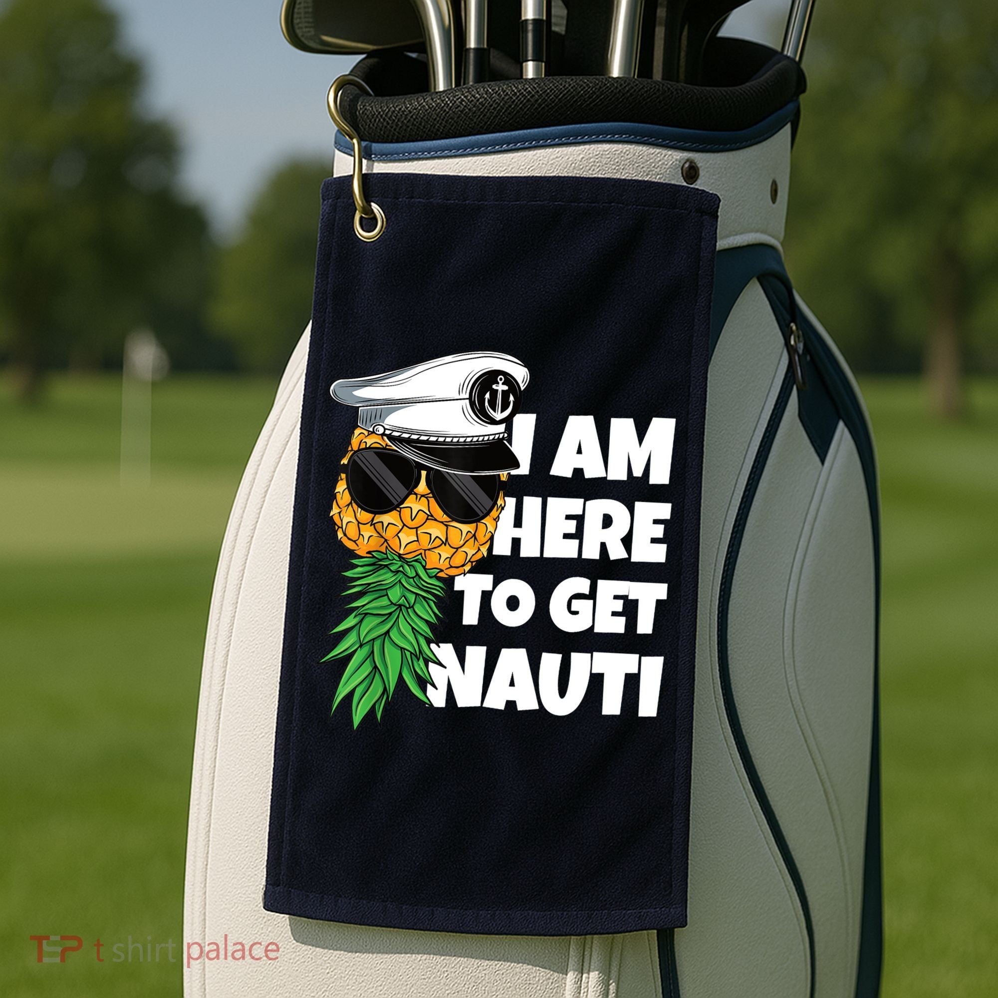 Here To Get Nauti Cruise Boat Upside Down Pineapple Swinger Golf Towel