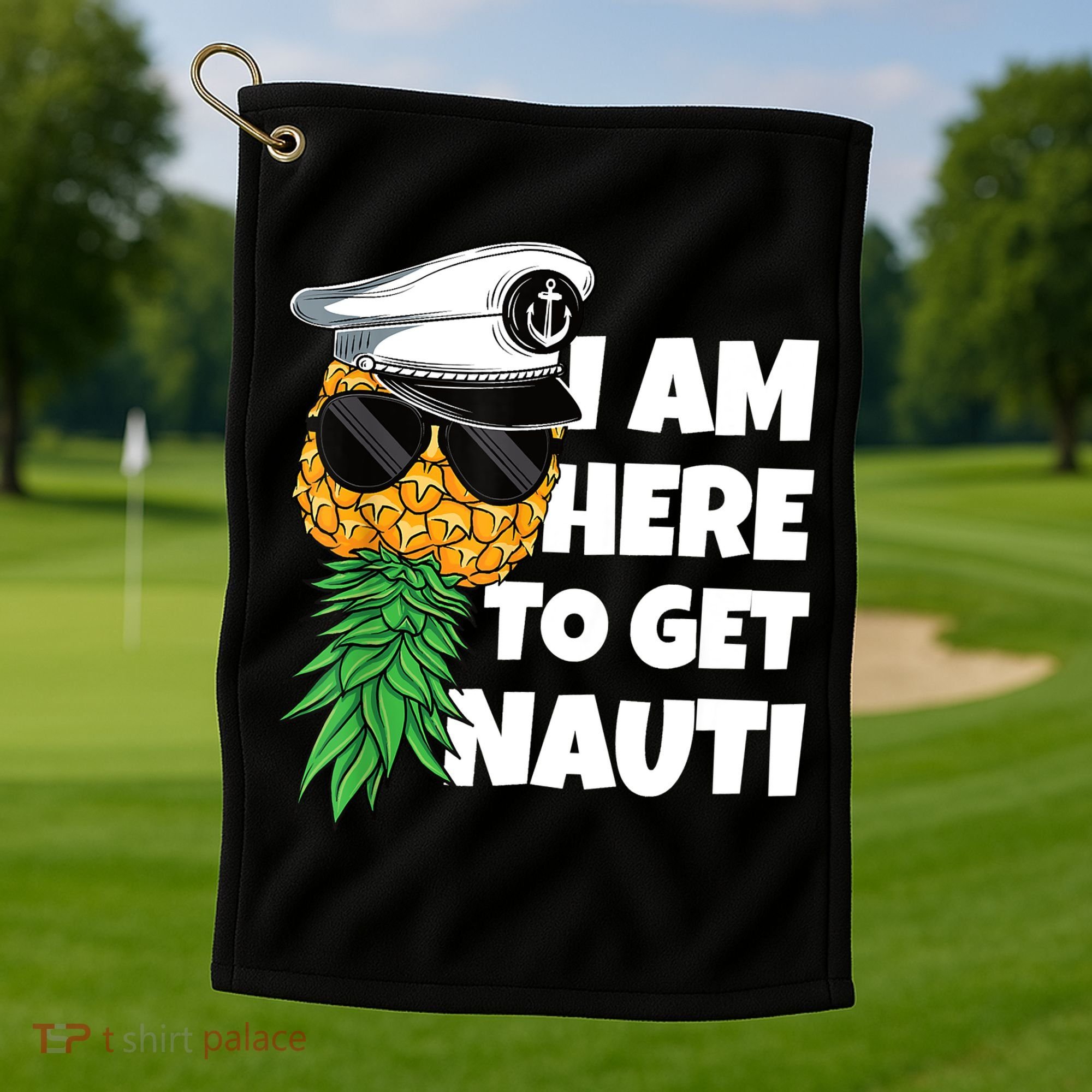 Here To Get Nauti Cruise Boat Upside Down Pineapple Swinger Golf Towel