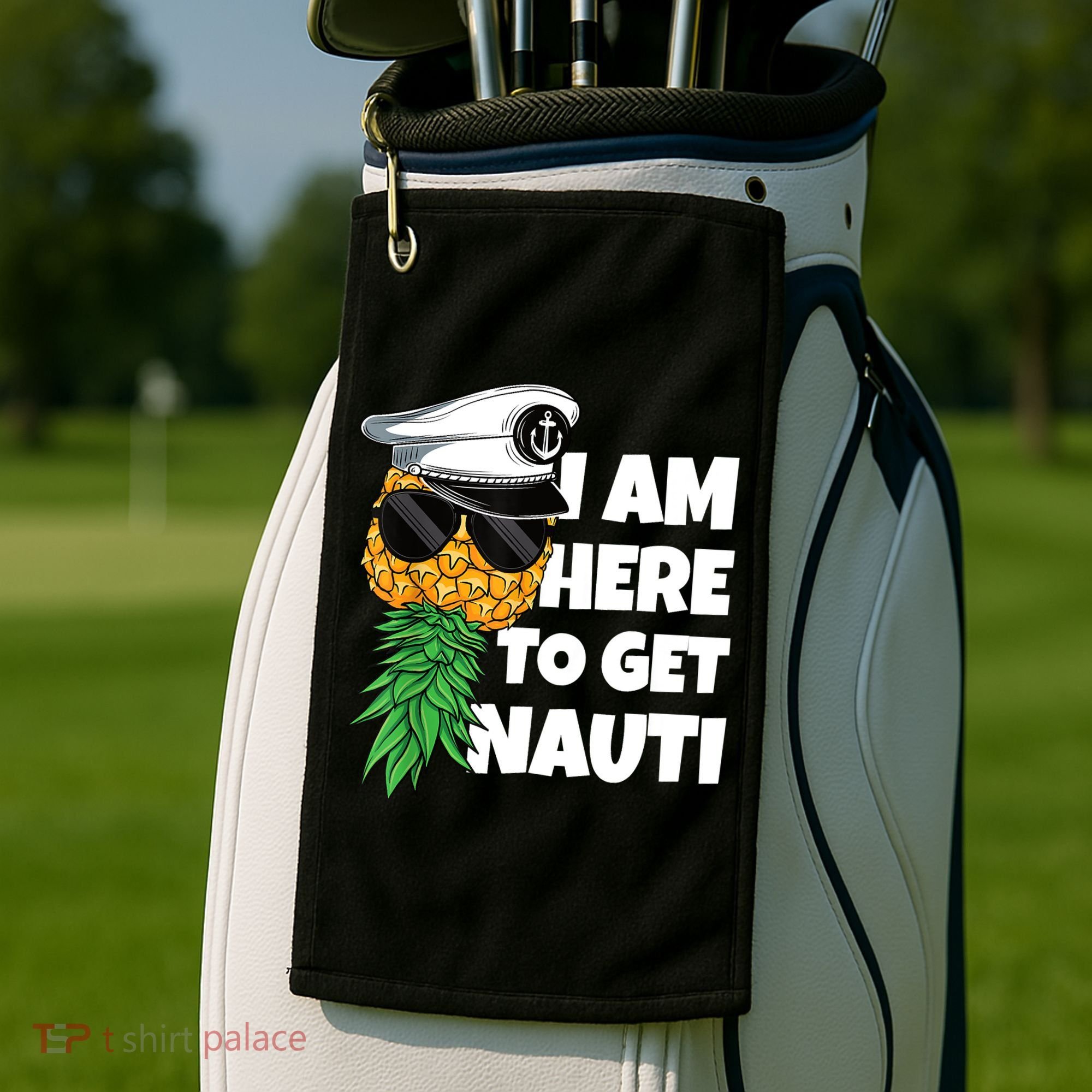 Here To Get Nauti Cruise Boat Upside Down Pineapple Swinger Golf Towel