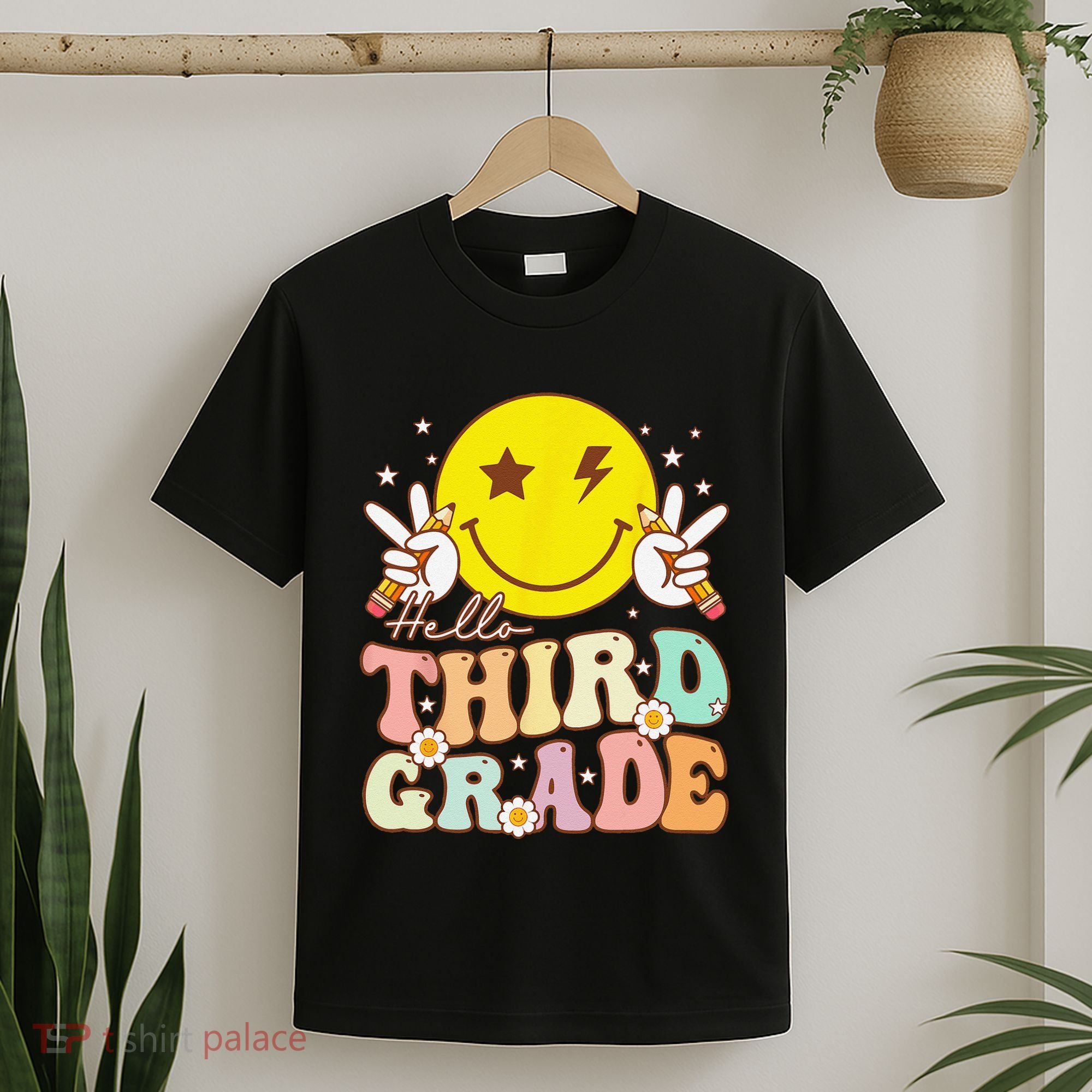 Hello Third Grade Hippie Smile Face 3rd Grade Back To School T-Shirt