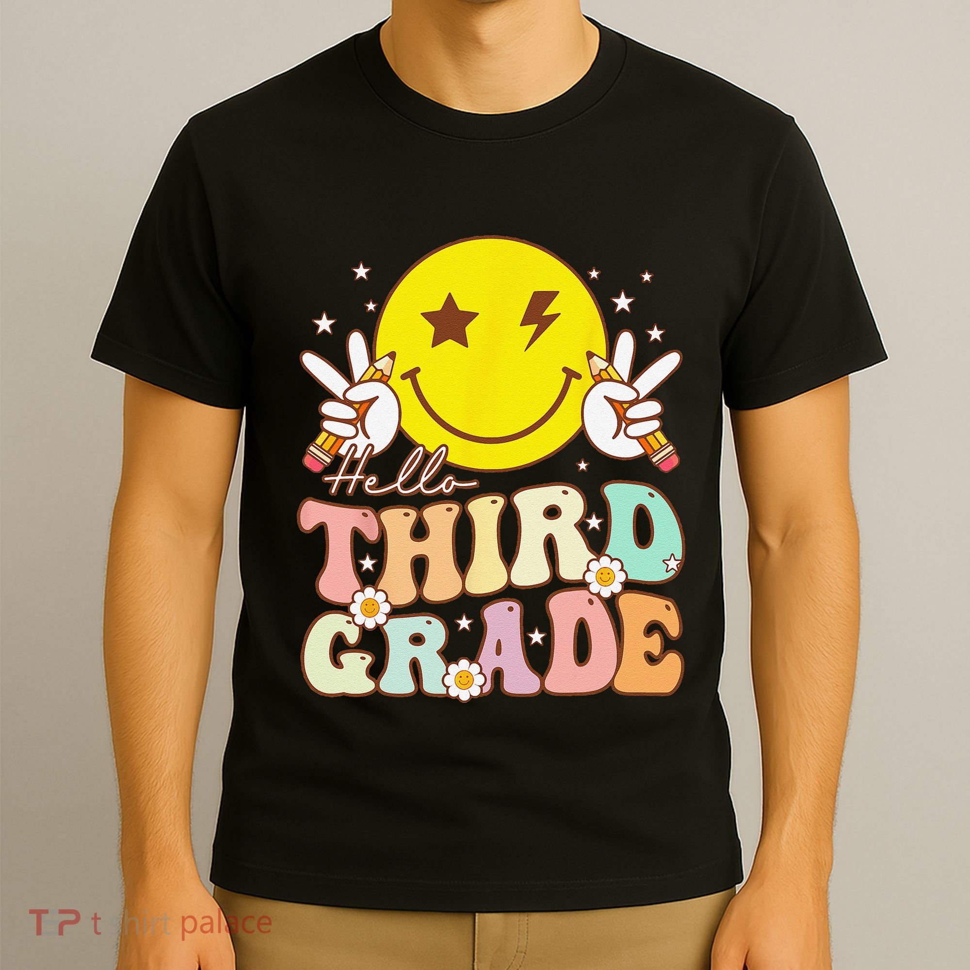 Hello Third Grade Hippie Smile Face 3rd Grade Back To School T-Shirt