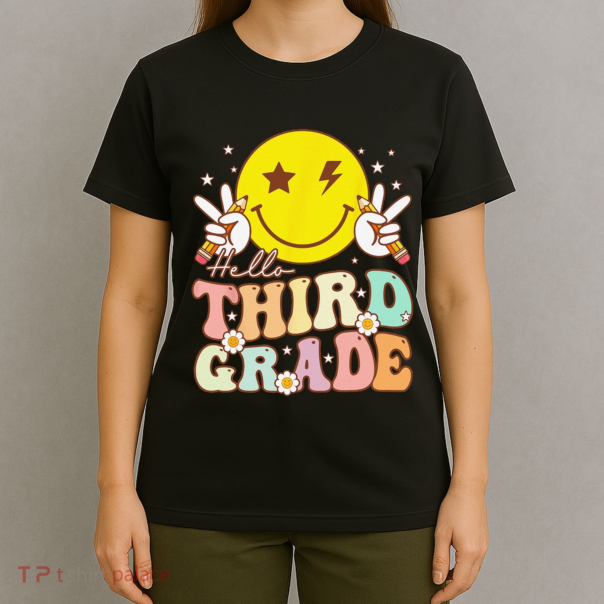 Hello Third Grade Hippie Smile Face 3rd Grade Back To School T-Shirt
