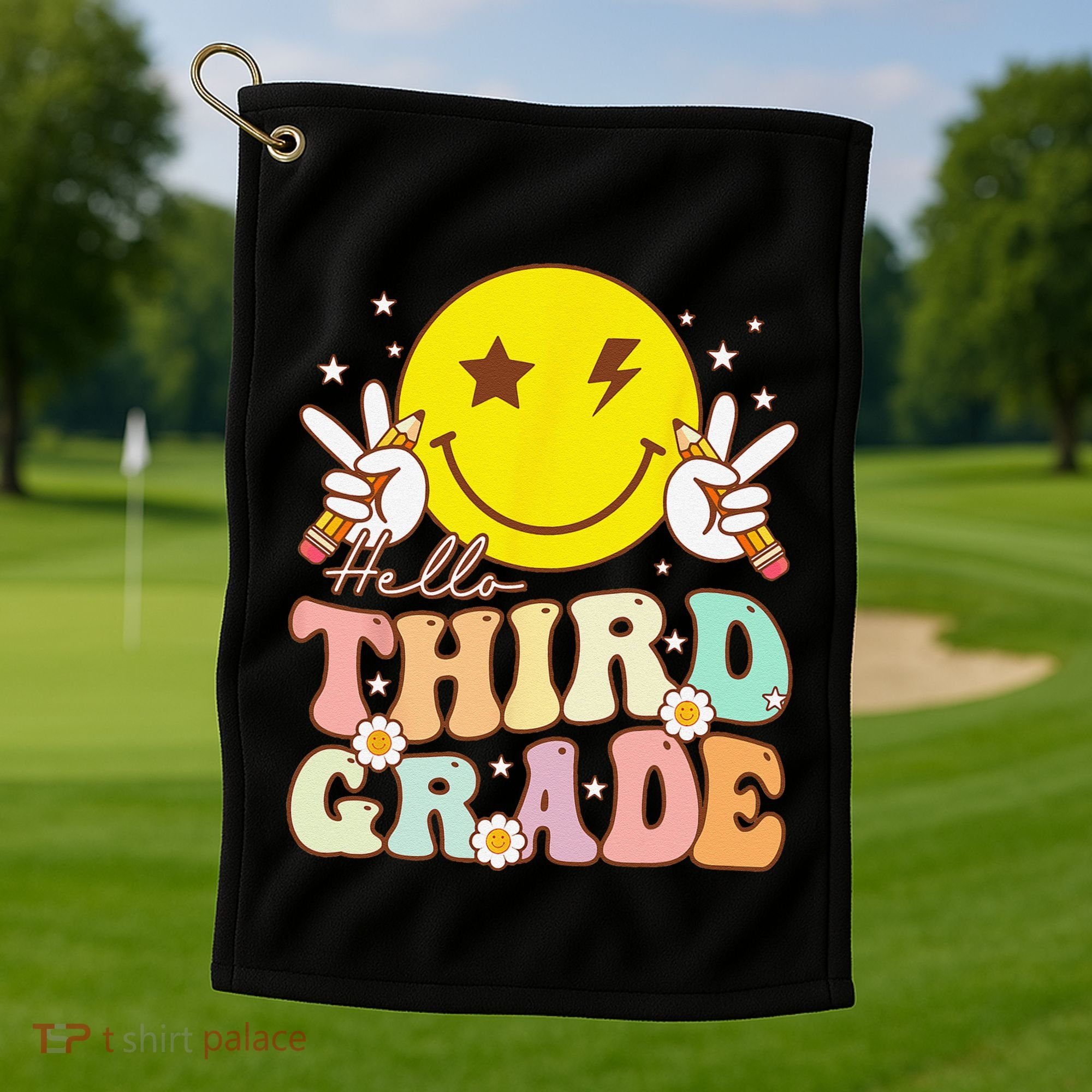 Hello Third Grade Hippie Smile Face 3rd Grade Back To School Golf Towel