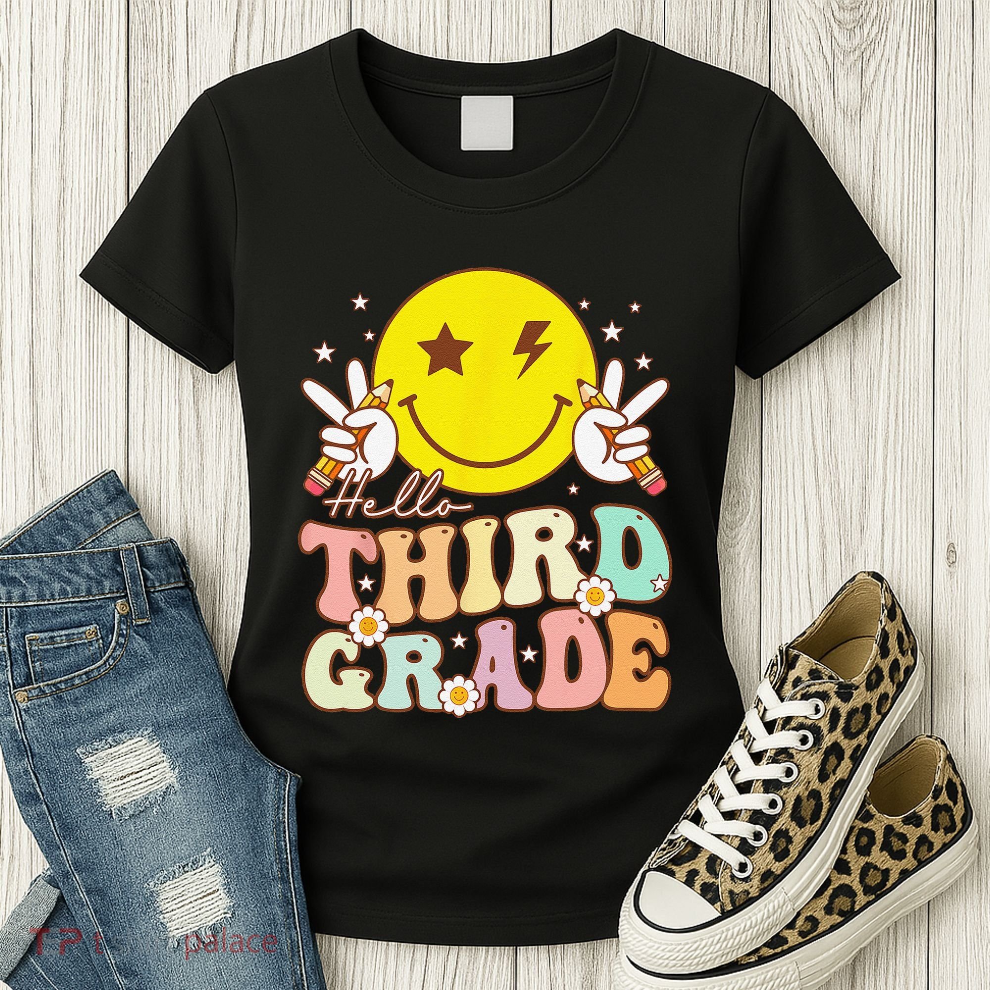 Hello Third Grade Hippie Smile Face 3rd Grade Back To School Women's T-Shirt