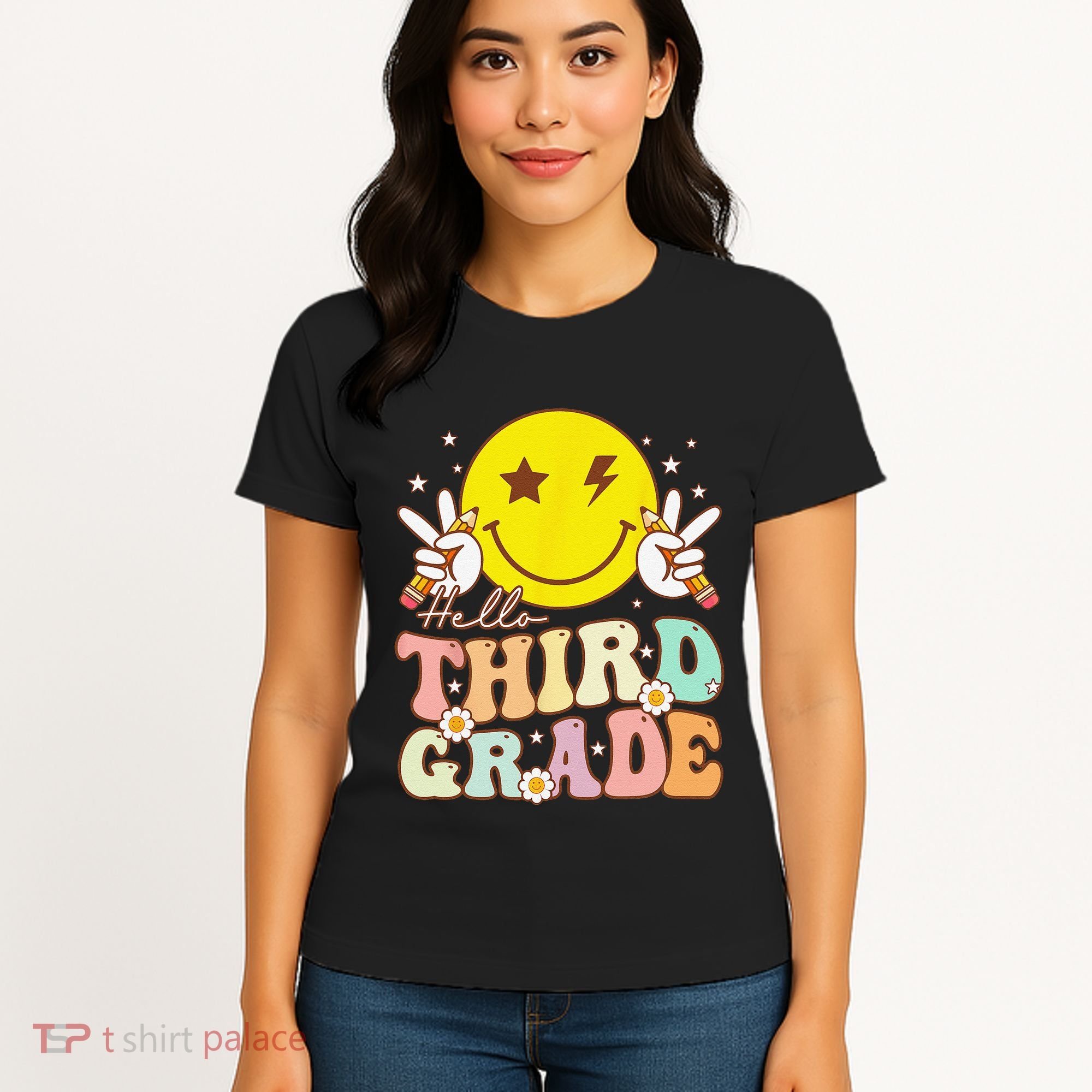 Hello Third Grade Hippie Smile Face 3rd Grade Back To School Women's T-Shirt
