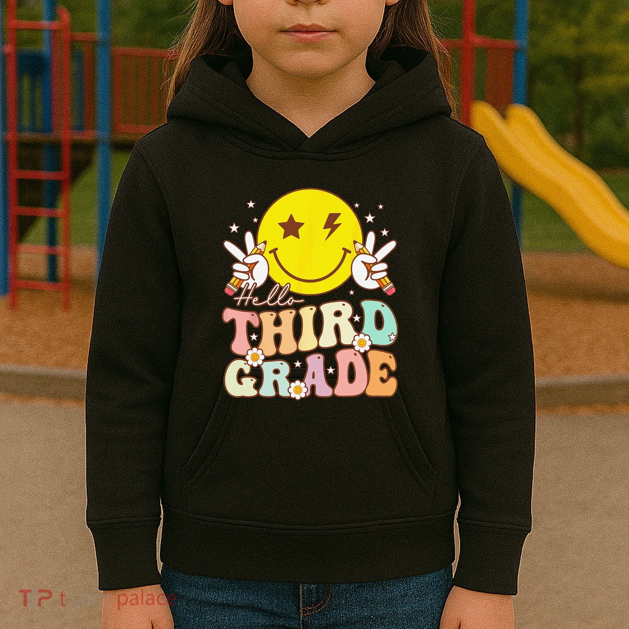 Hello Third Grade Hippie Smile Face 3rd Grade Back To School Kids Hoodie