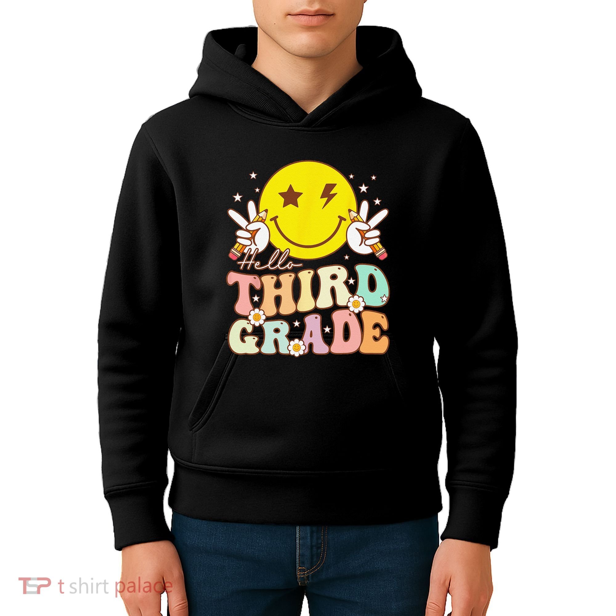 Hello Third Grade Hippie Smile Face 3rd Grade Back To School Kids Hoodie