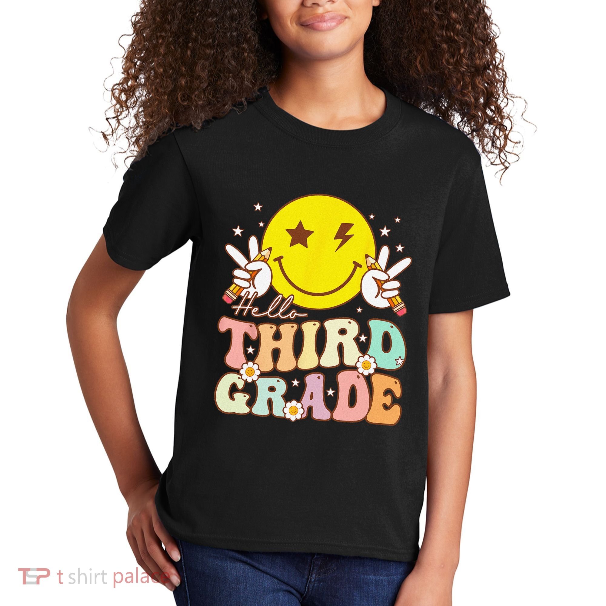 Hello Third Grade Hippie Smile Face 3rd Grade Back To School Kids T-Shirt