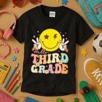 Hello Third Grade Hippie Smile Face 3rd Grade Back To School Kids T-Shirt thumb 3
