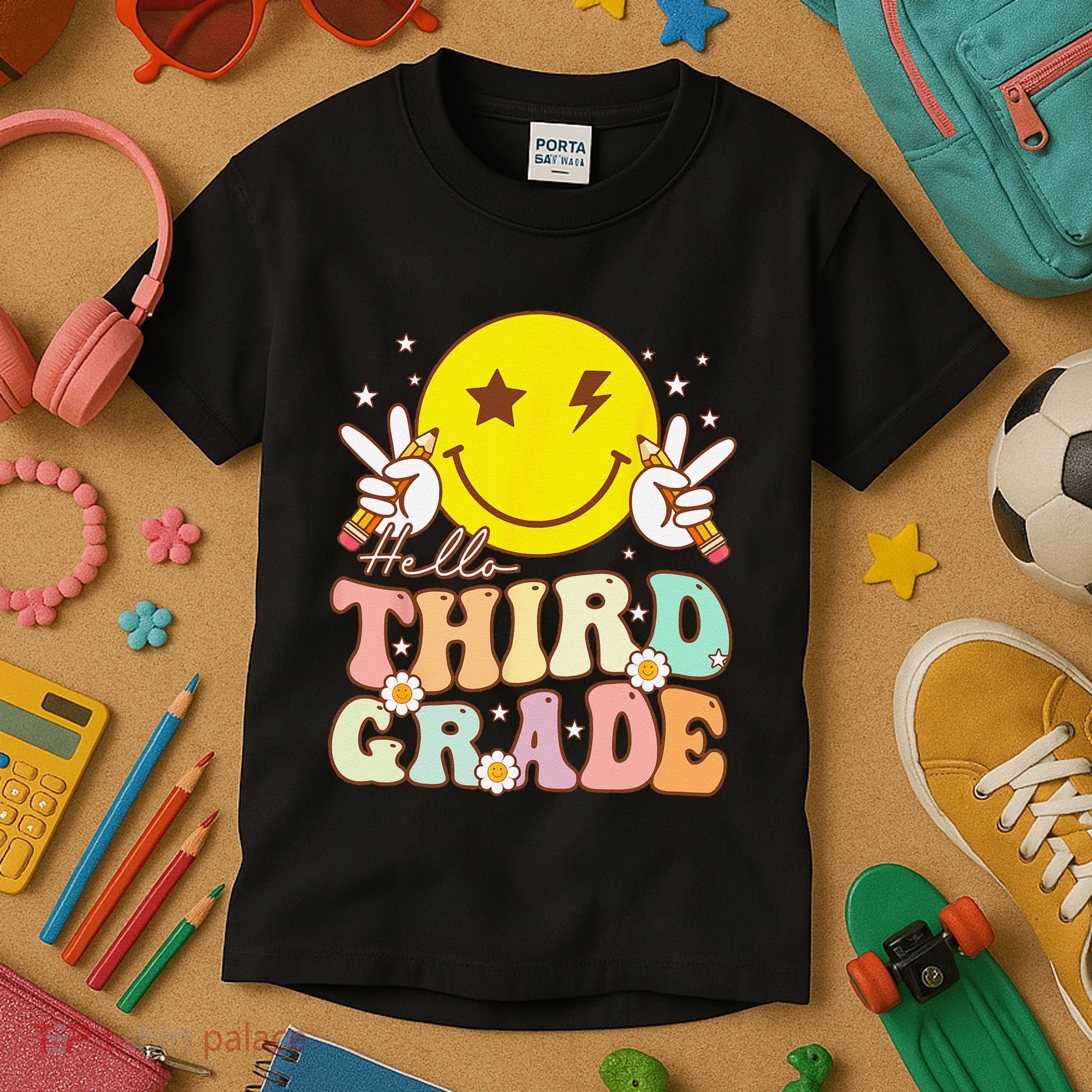 Hello Third Grade Hippie Smile Face 3rd Grade Back To School Kids T-Shirt