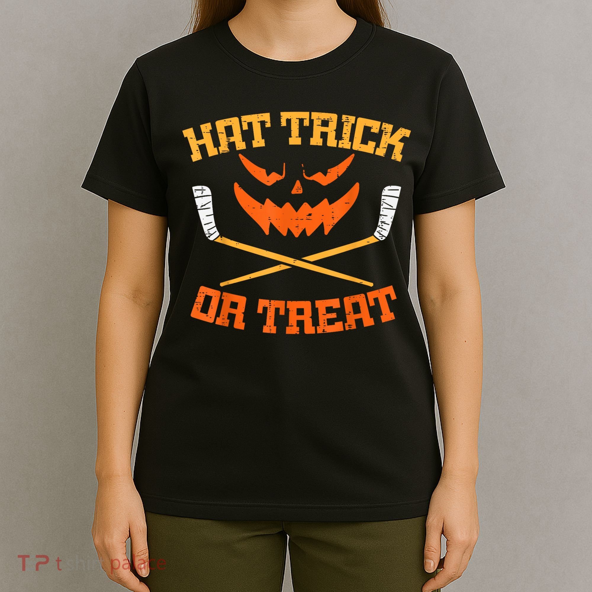 Hat Trick Or Treat Ice Hockey Halloween Boy Player Coach T-Shirt