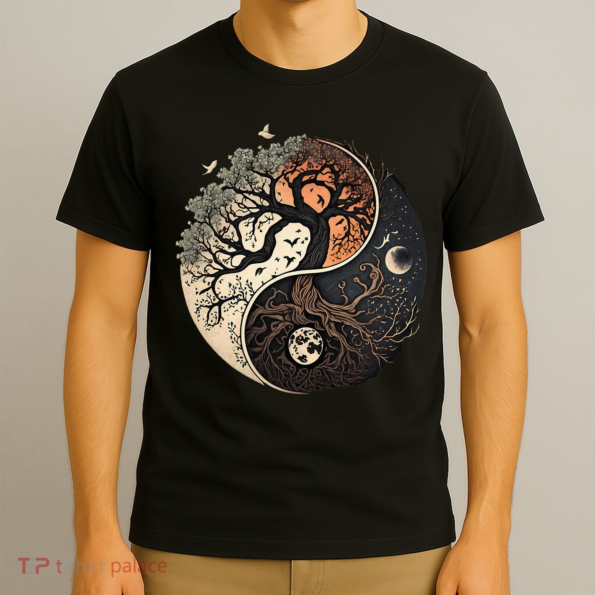 Harmonious Tree Of Life Yin Yang Black T-Shirt