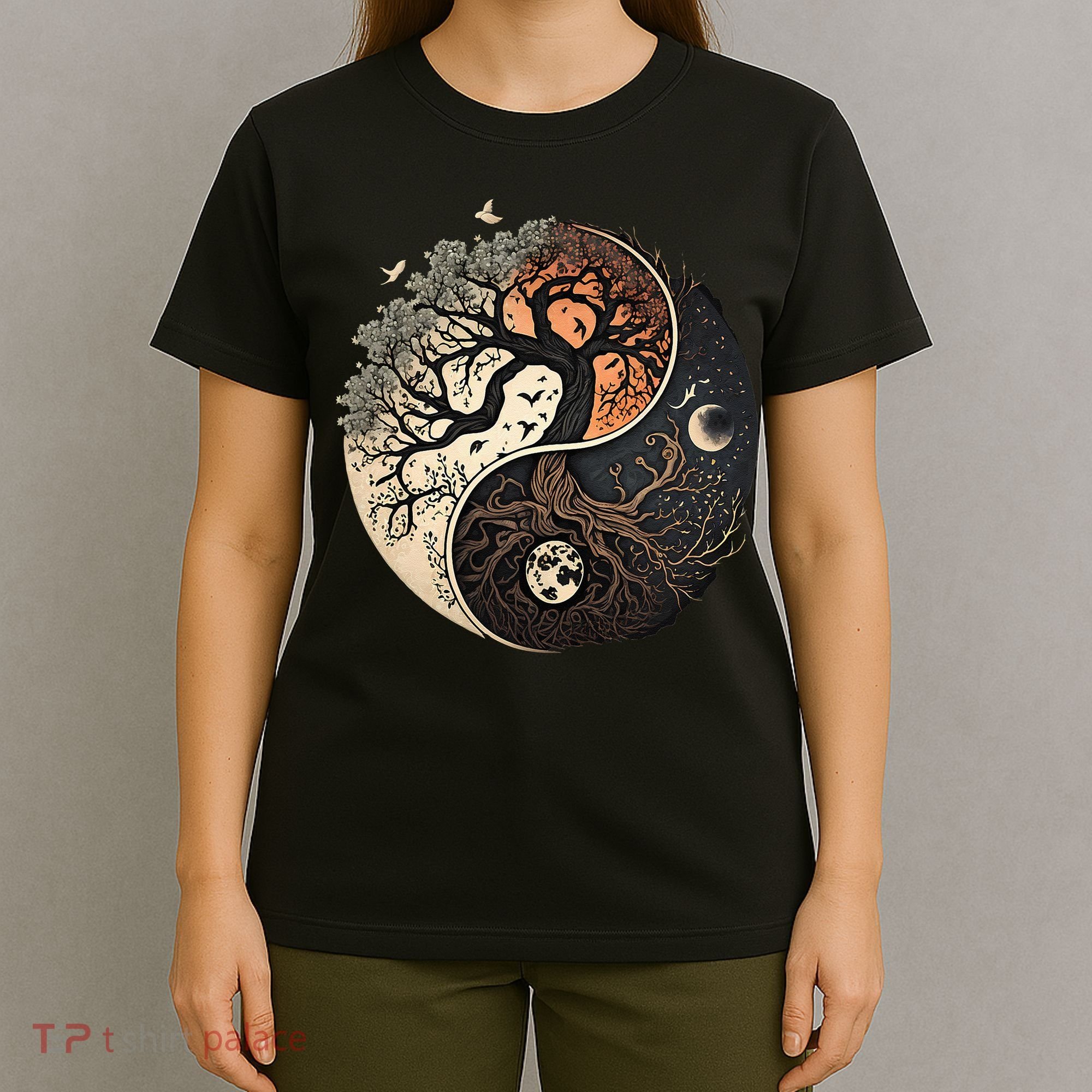 Harmonious Tree Of Life Yin Yang Black T-Shirt