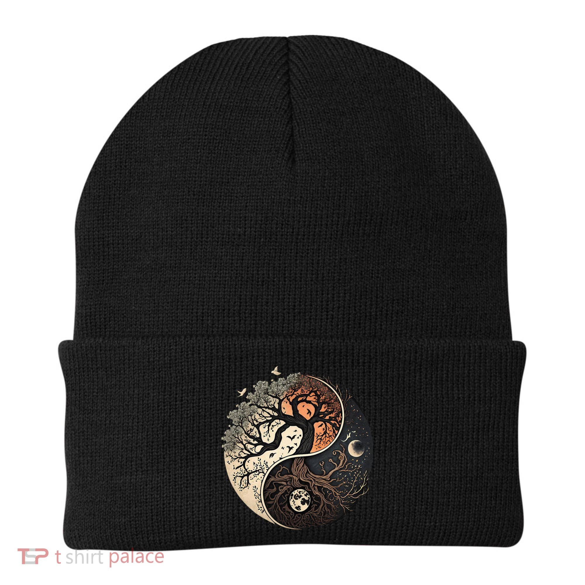 Harmonious Tree Of Life Yin Yang Black Beanie
