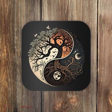 Harmonious Tree Of Life Yin Yang Black Coaster